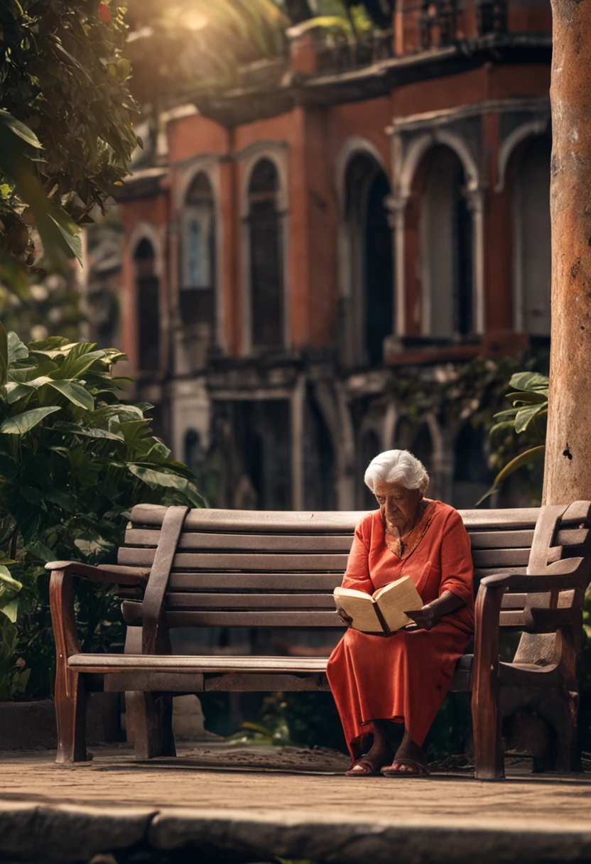 An old Christian woman sits on a bench in Kadilau square in the background，She was holding a holy bible，（Front wide angles，Ultra HD details，Masterpiece, hyper HD, Super Detail, High details, best quality, A high resolution, Awarded , 8k），（cinemac lighting）