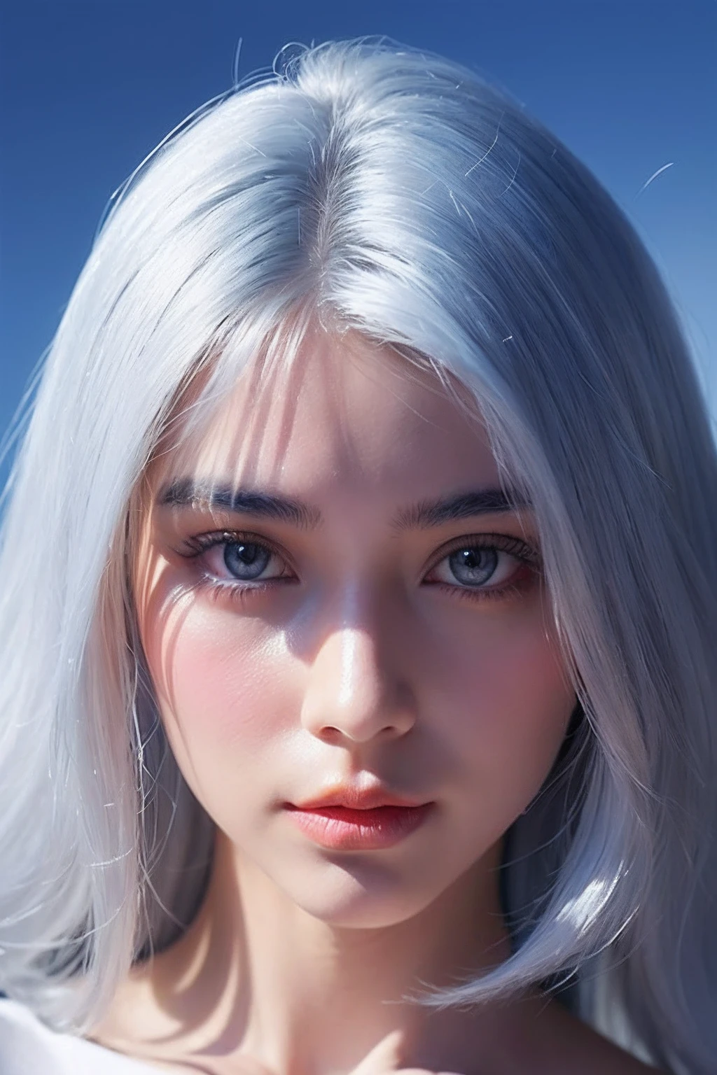 (extra detailed body、extra detailed face、best qualtiy:1.2)、femele、looking at the viewers、(Mode Fashion Show、White hair、blue eyess)、(blue moon in the background:1.4)