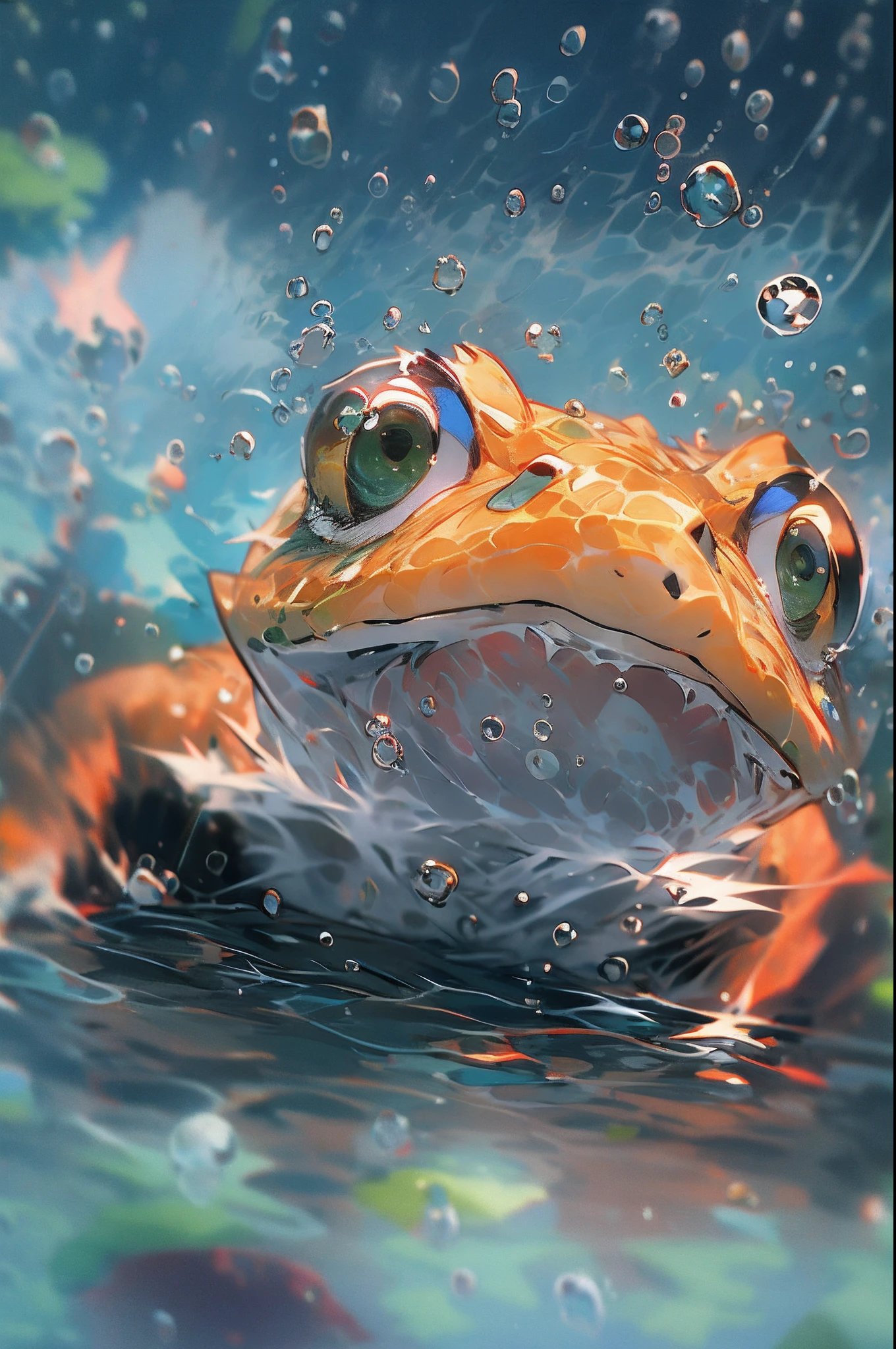 1 cute frog, close-up face, Portrait, Furry, No Man, In water, ocean floor, Swimming, Blisters, Buble, More details, Saturated colors, cute smiling, Best quality, 8K, High saturation