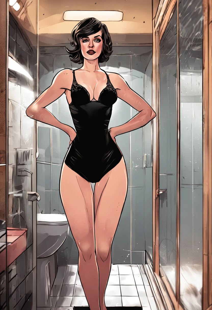 Ecap breasted woman in sexy black underwear, black thong,Mirror in the bathroom, short hair, inside in room, selfee, high details, highres, best quality, textured skin