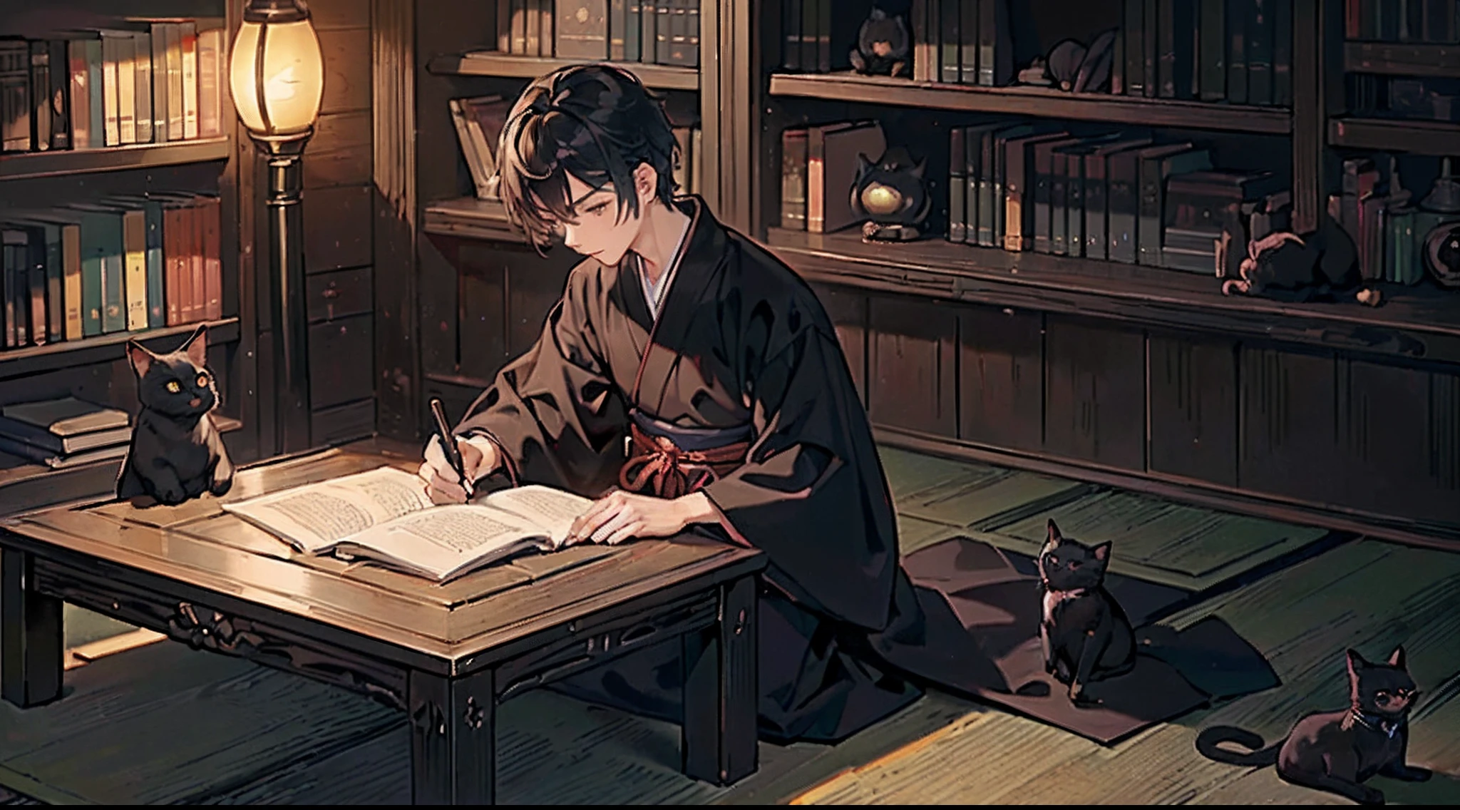 (intricate-detail、ultra-detailliert:1.2),
#night sky (darkness of night,no light),
#one writing boy (16 male、Honor Students、A dark-haired、short-hair、hakama,sit flat),
#black room at night (no light,black cat,wooden low table,one candle,pretty tatami,a lot of books,bookshelf)