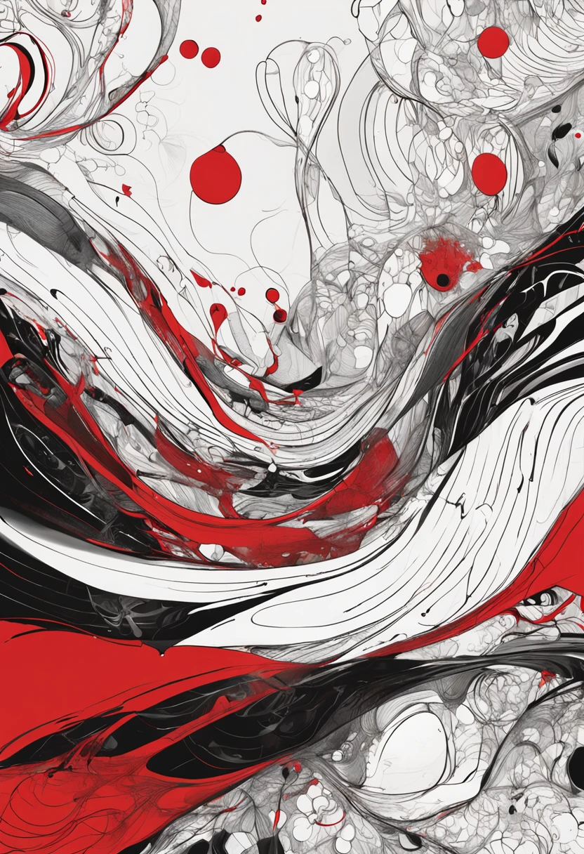 "Abstract artistic creation with intricate white, red, and black lines merging and intersecting, accompanied by mesmerizing drops of black and red ink."