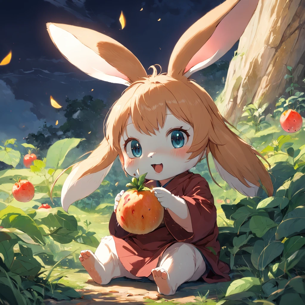 The little rabbit happily eats fruit