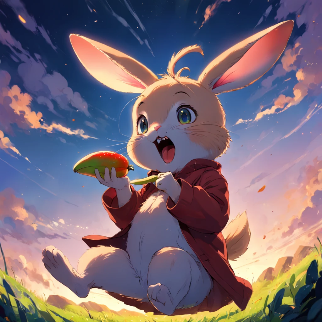 The little rabbit happily eats fruit