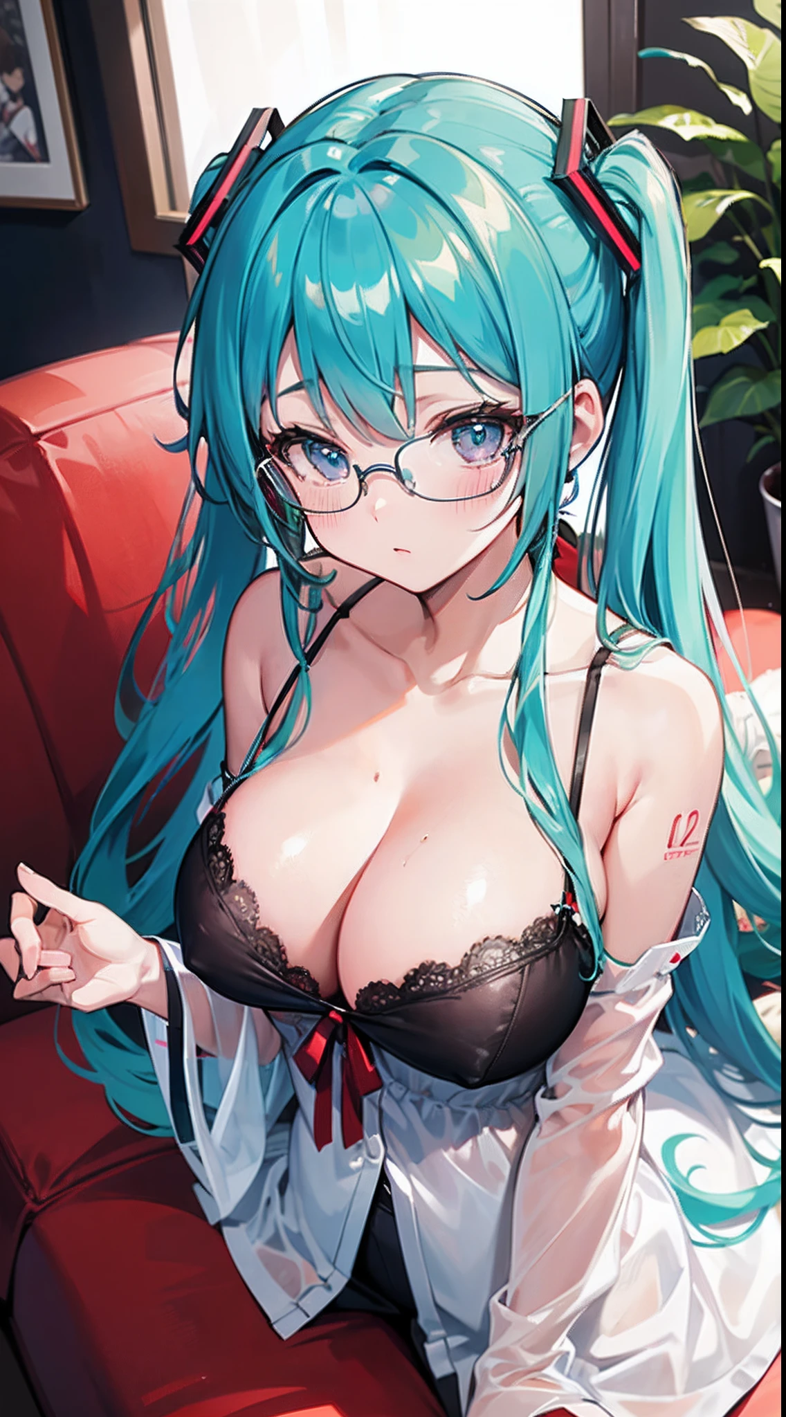 ((masterpiece)), ((best quality)), (ultra-detailed), ((kawaii)), cute, (lovely), ((sexy)), (ero), ((extremely detailed)), 4K, (8K), best quality, (beautiful), anime style, upper body, look down from above, full body focus, in the room, sofa, Hatsune Miku, Miku, pajama, beautiful green hair, beautiful purple eyes, ((beautiful eyes)), white-skinned, transparent hair, translucent hair, large breast, glasses, ashamed, blush