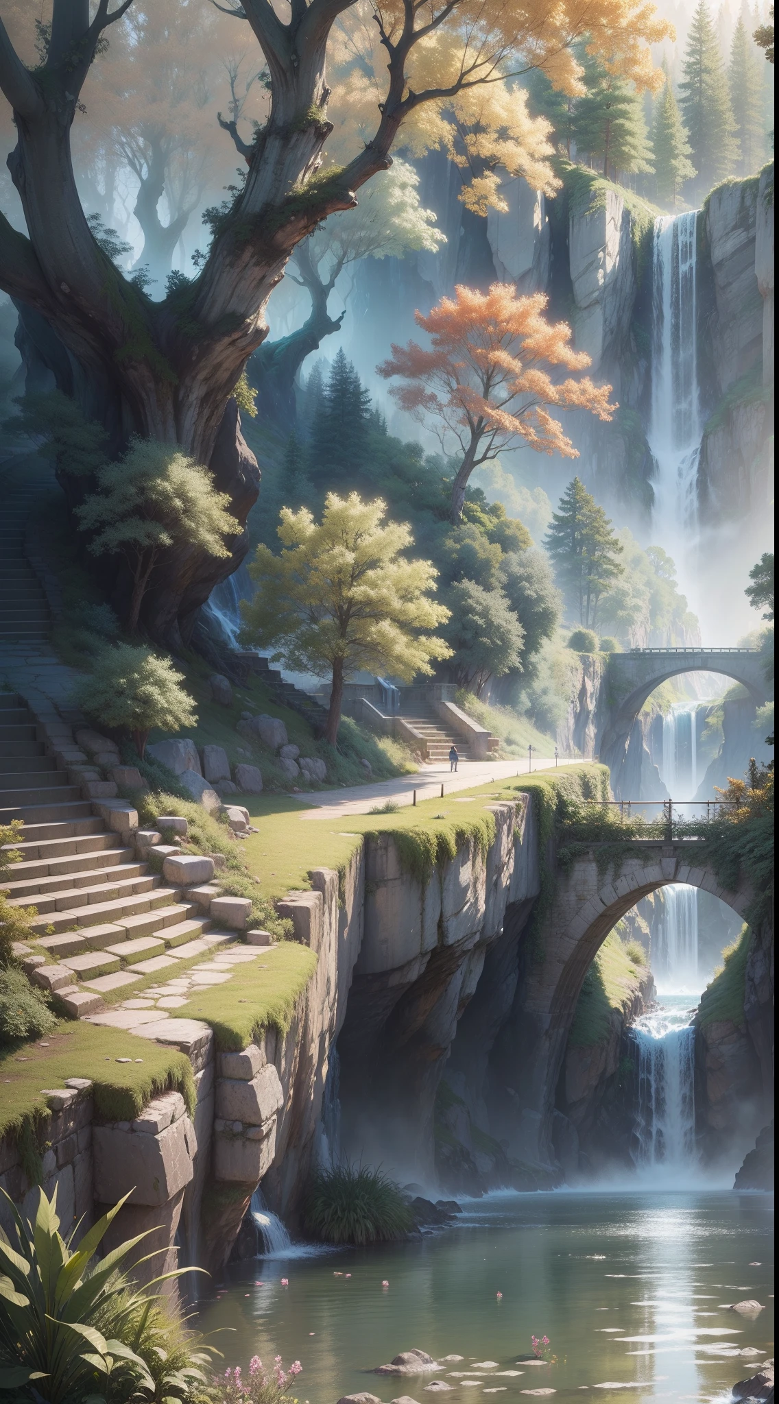 Analog style,ChromaV5,nvinkpunk,(extremely detailed CG unity 8k wallpaper),An image of a majestic river, trees on the sides, tiny waterfall, intense fog ,award winning photography, Chromatic Aberration, Detailed , HDR, Bloom, style by Monet, Pissarro, and Sisley ,trending on ArtStation, trending on CGSociety, art by midjourney
