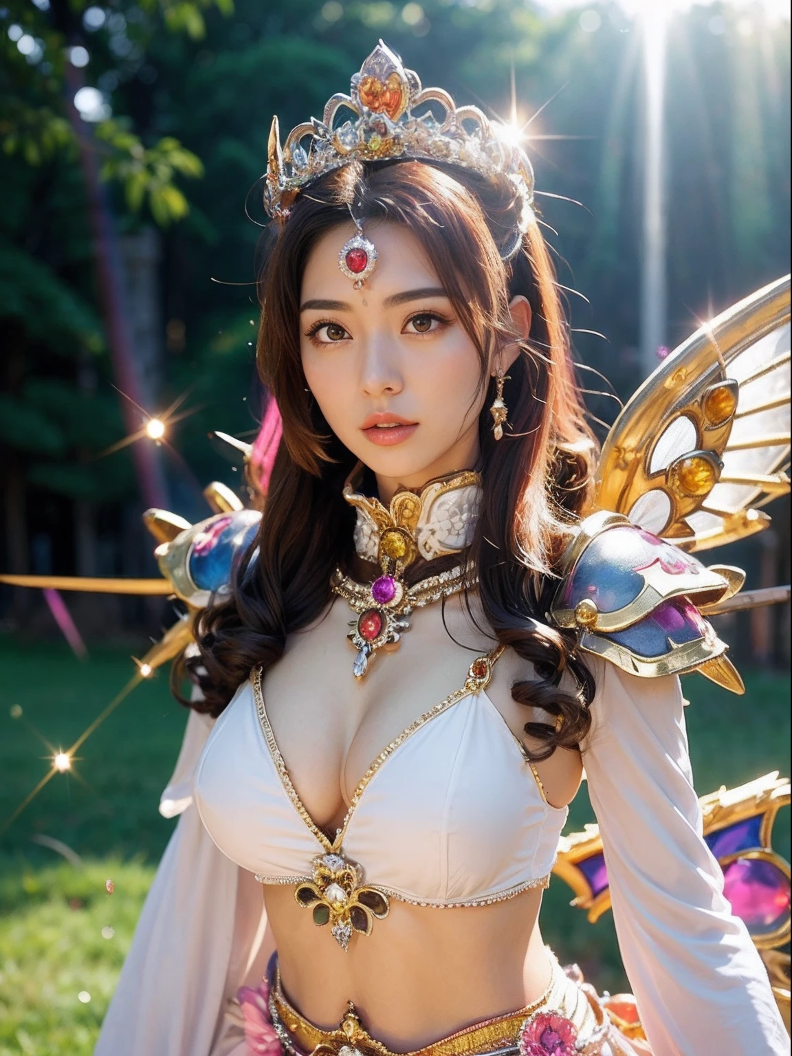 (masutepiece), Professional , ​masterpiece、top-quality、photos realistic , depth of fields （Gemstone White Metal Body:1.９),(Matte White Pink、Jewel Gold Weapon、（Gorgeous castle background）、（ultimate beauty girl）、（Rainbow fairy wings grow）、Particles of light、（Metal body of iridescent gemstones:1.９),Gorgeous Jewel Metal Weapons ,（maikurobikini）、 Detailed Sword of the Brave ,（ Pink hair）   ,warhammer 40k , adepta sororitas,Detail and ornate jewel crown、独奏、Brown hair、Mystical expression、cleavage of the breast、（Gangle's forest background）、Beautiful Caucasian beauty、１a person、dynamic ungle,(((Diamond tiara with detail and luxury)))、a small face、Powerful poses、（Gorgeous castle background）、huge filesize、20 year old beautiful woman、Stand in the center of the screen、Thin female fingers、Straight long hair、Beautiful Caucasian beauty、（maikurobikini）、Hair fluttering in the wind、face forwards、Look at viewers、（Armpit）、Armpit、
