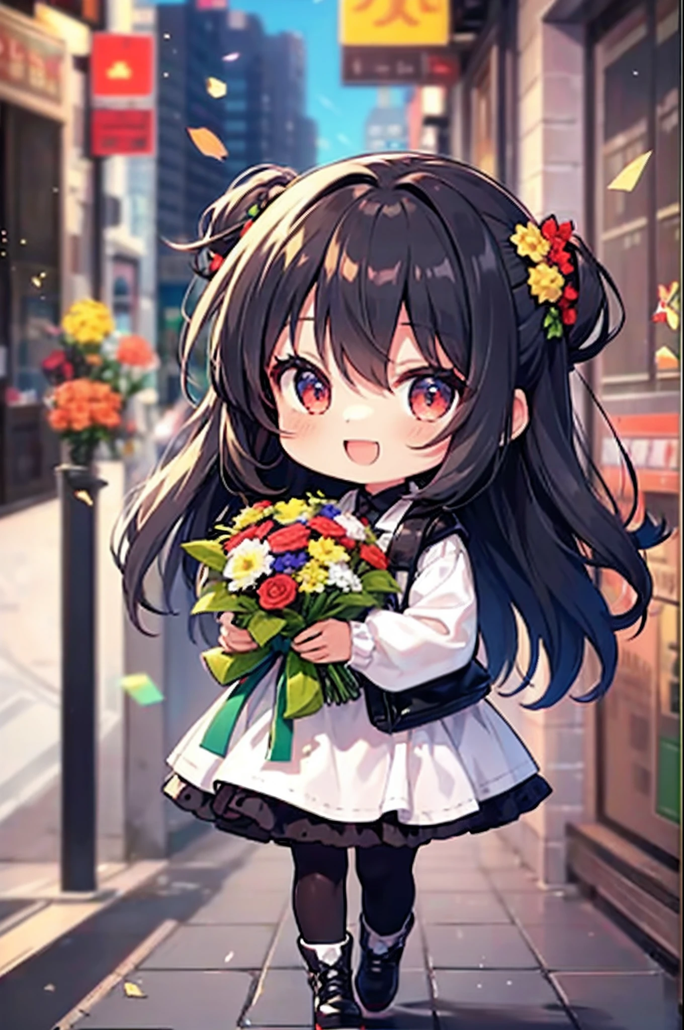 (Chibi: 1.3), happy, (holding a bouquet), full body,