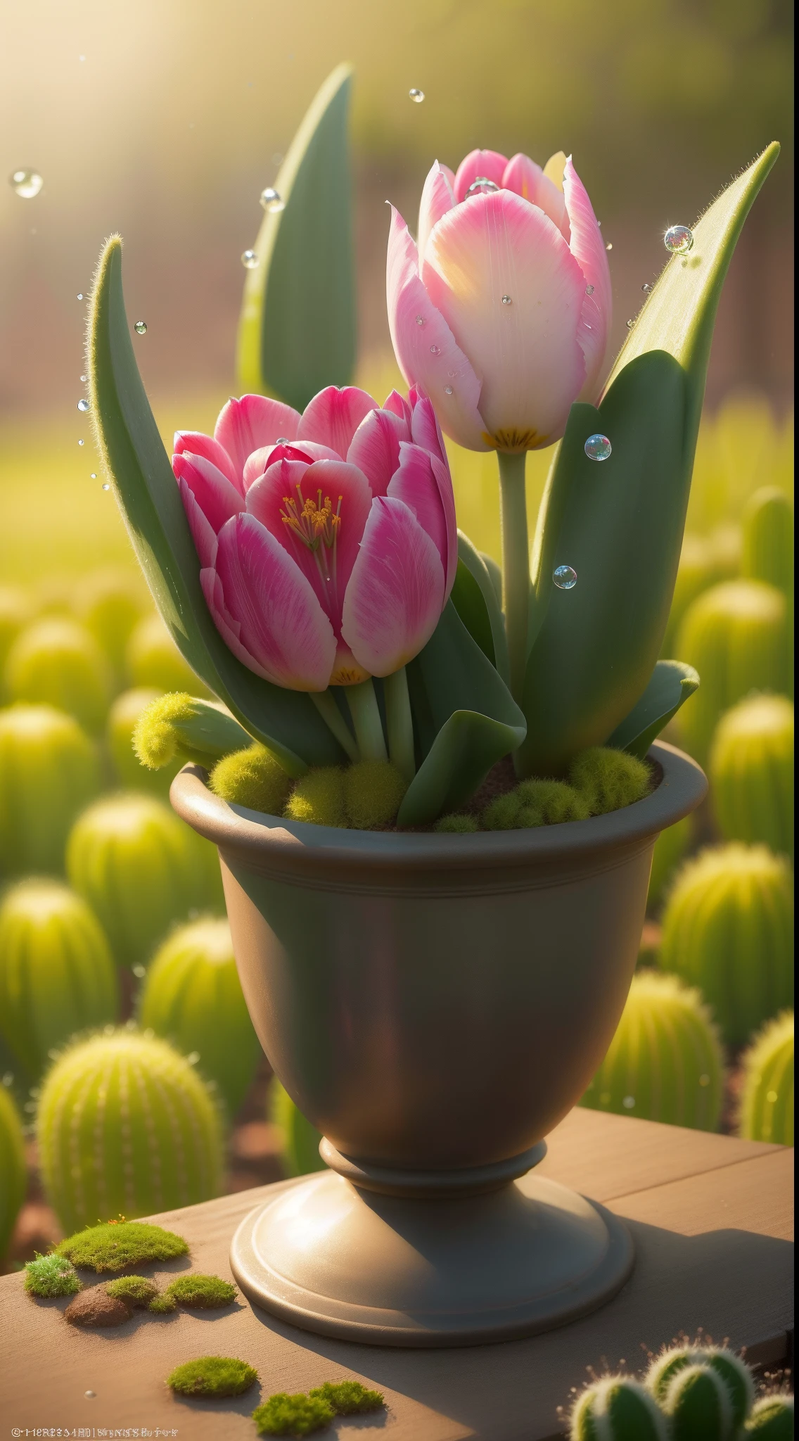 Vinous tulips, cactus, water drops, bokeh, Mossy background, Warm, muted, tonesSplendor, Colorful, Amazing photography, photo-realism, ultra - detailed, 4K, depth of fields, A high resolution, film grain, macro