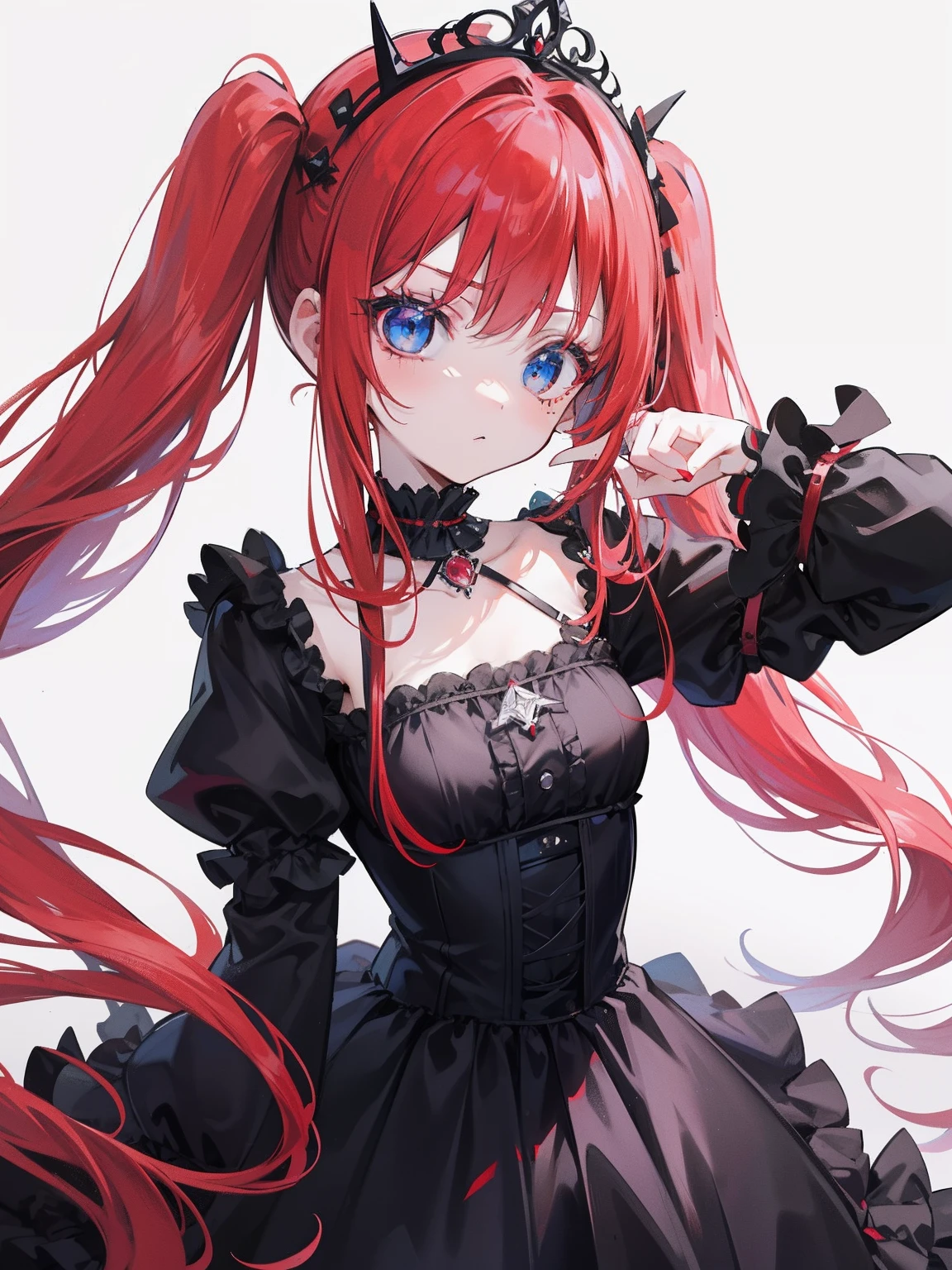 Red hair, Blue eyes, twintails, Goth Lolita, Darkgoth, Collar,Crown tiara,pride,solo,loli,Long hair,{{best quality}}, {{masterpiece}}, {{ultra-detailed}}, {illustration}, {detailed light}, {an extremely delicate and beautiful},,cute,