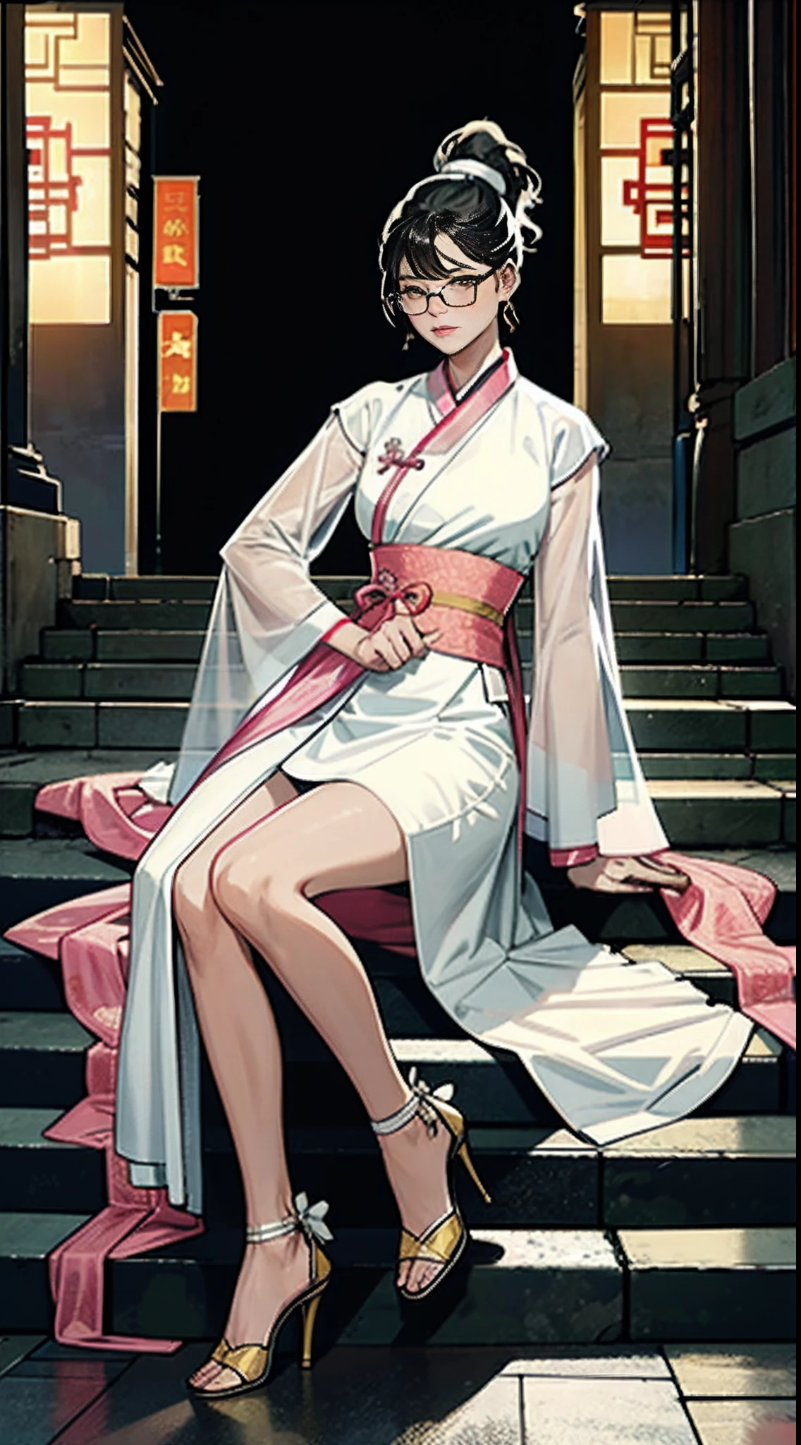 girl wearing spectacles,full bodyesbian,(Face details:1.2),tmasterpiece,Fashionab,Hanfu,Blue or white or yellow or pink ponytail or double ponytail or short or curly hair or long or curly hair,Doctor close-up, Has a glowing five-star rating, Their names, Photo, and the city in the background.,Large bust,rimless eyewears,Slim figure,Cute girl,Full body like,Hanfu,komono,Ancient Chinese streets,Dirty dark streets,high-heels,long leges,Sit on the steps or stand,Black or yellow or pink hanfu、Intricate pattern,Lots of details,tulle shawl,Fair skin,Pale skin