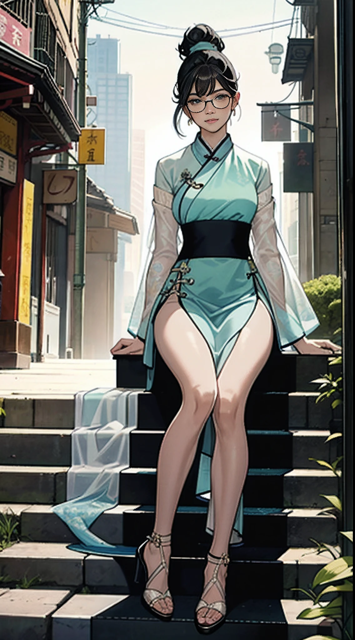 girl wearing spectacles,full bodyesbian,(Face details:1.2),tmasterpiece,Fashionab,Hanfu,Blue or white or yellow or pink ponytail or double ponytail or short or curly hair or long or curly hair,Doctor close-up, Has a glowing five-star rating, Their names, Photo, and the city in the background.,Large bust,rimless eyewears,Slim figure,Cute girl,Full body like,Hanfu,komono,Ancient Chinese streets,Dirty dark streets,high-heels,long leges,Sit on the steps or stand,Black or yellow or pink hanfu、Intricate pattern,Lots of details,tulle shawl,Fair skin,Pale skin