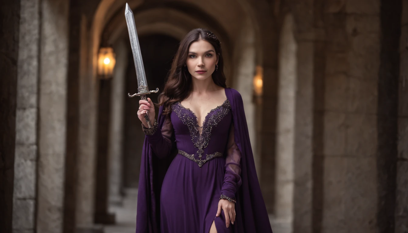 "A mysterious witch roams through the dimly lit corridors of an ancient school, donned in an elegant, dark purple gown, gripping a gleaming magic sword tightly in her hand."