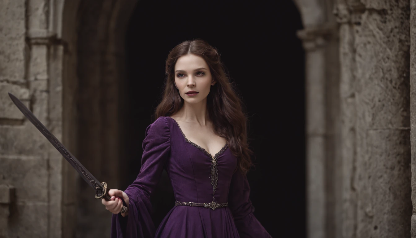 "A mysterious witch roams through the dimly lit corridors of an ancient school, donned in an elegant, dark purple gown, gripping a gleaming magic sword tightly in her hand."