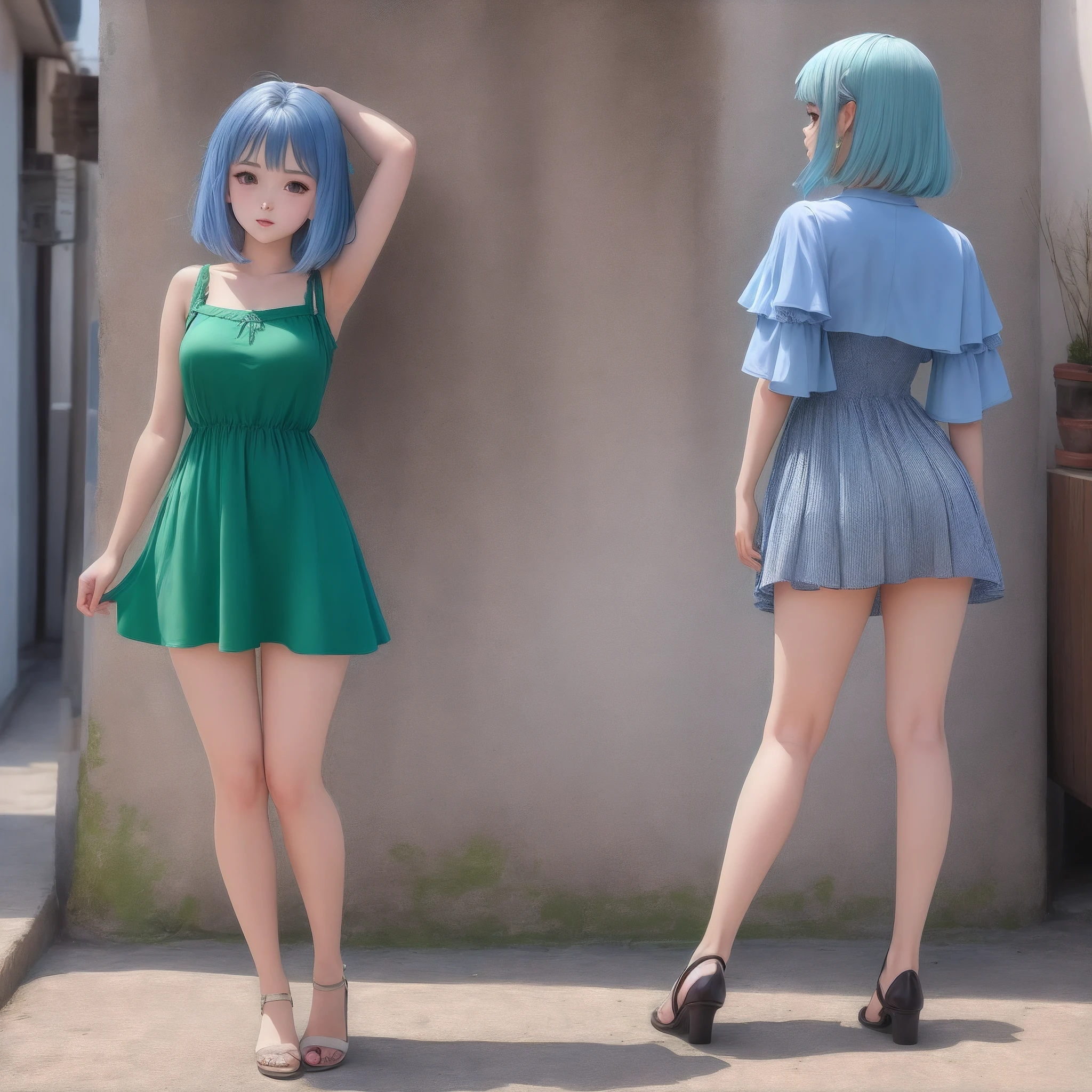 Uma , cabelo azul, estilo anime, fofa, seios a mostra, vestido verde curto, pernas lindas.