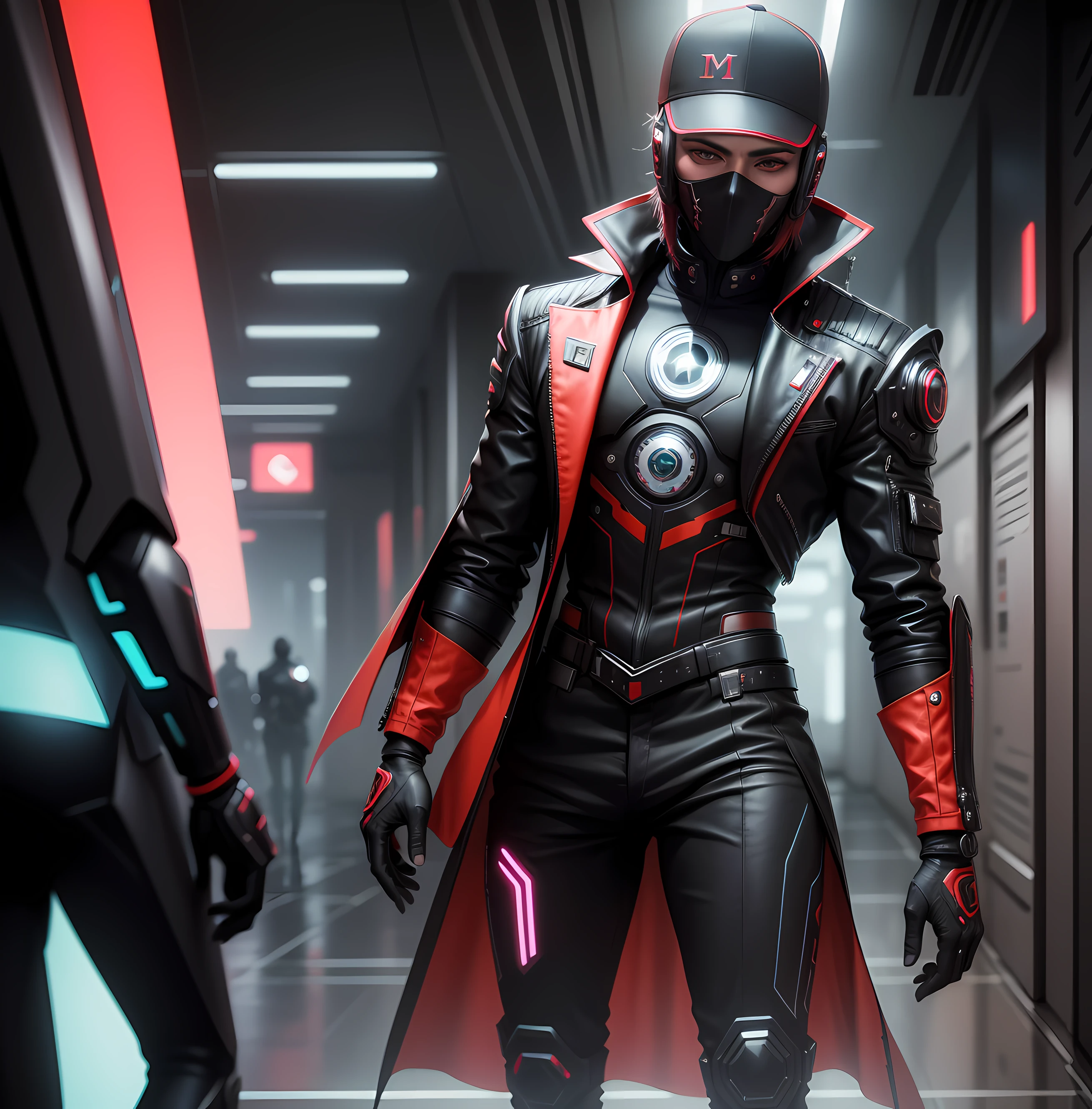 Um homem com traje futurista estilo cyberpunk,  traje vermelho e preto, with futuristic style baiseball cap,  autoretrato realista altamente detalhada, em fundo raios estilo abstrato,  em cores vivas, cores vibrantes