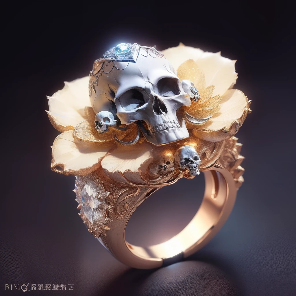 ((((ring))))，diamond，Fine lines，(((Skull ring)))，Diamond Drum Tower，Close-up Shot Shot，gyuru，Beautiful ring，Petal design，Top designer work，The ring is placed on a leaf