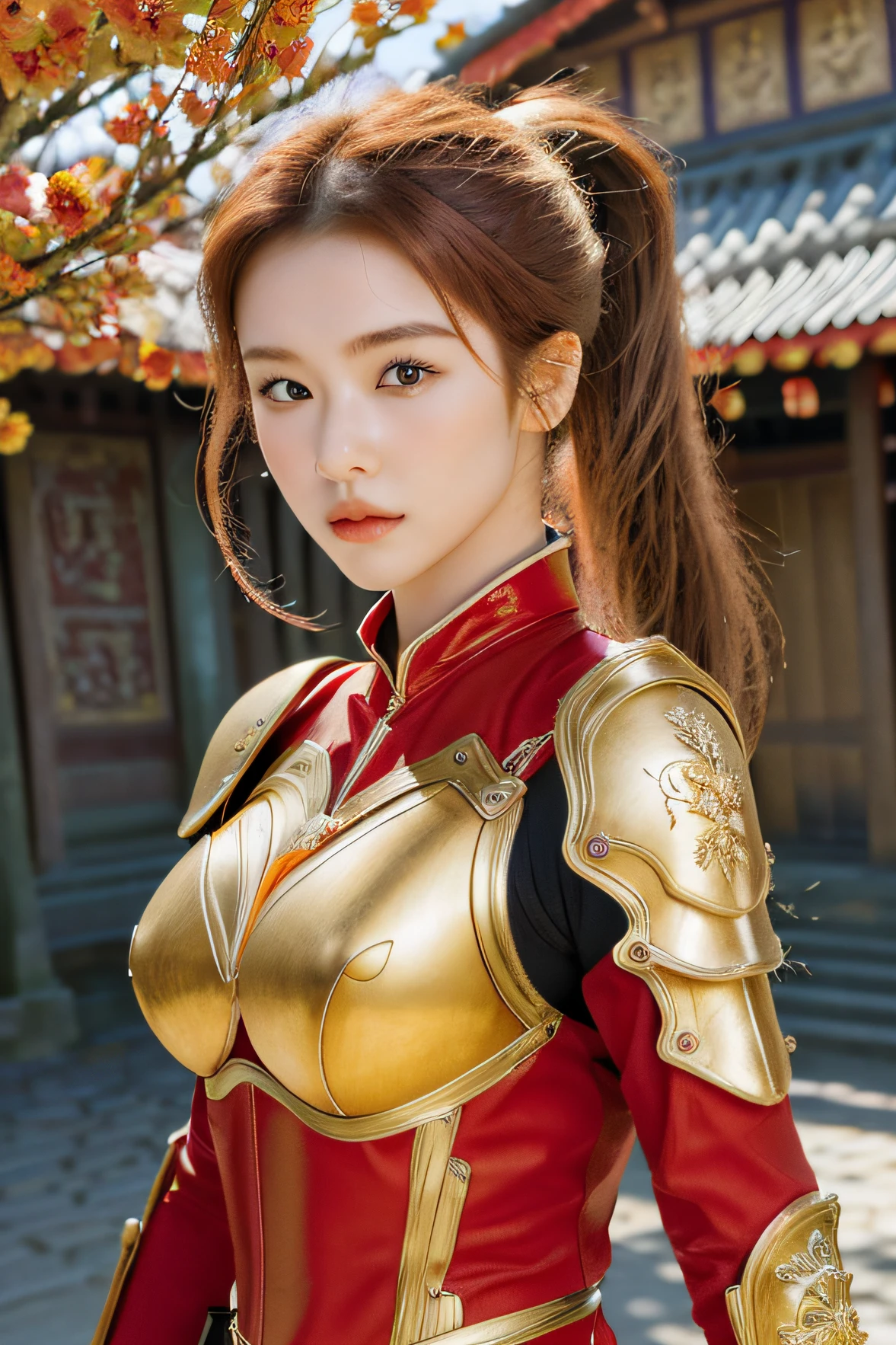 18 year old girl, korean, (8K, best quality:1.2), (masterpiece:1.37), (photo, photorealistic:1.37), (ultrahigh-res), full body, walking pose, shot from front, slow motion, female paladin wearing half body armour, (partial armour), (golden and red accent armour:1.1),(ornately decorated armor), (orange bra), (insanely detailed, bloom:1.5), (highest quality, concept art, 4k), (analog:1.2), (high sharpness), (detailed pupils:1.1), detailed face and eyes, Masterpiece, best quality, (highly detailed photo:1.1), (long blonde Hair, ponytail,ecstatic:1.1), (young woman:1.1), sharp, (perfect body:1.1), realistic, real shadow, 3d, (temple background:1.2), photographed by Canan EOS R6, 135mm, 1/1250s, f/2.8, ISO 400, (brown hair, red highlight hair, ponytail), (face front), model pose, (show )