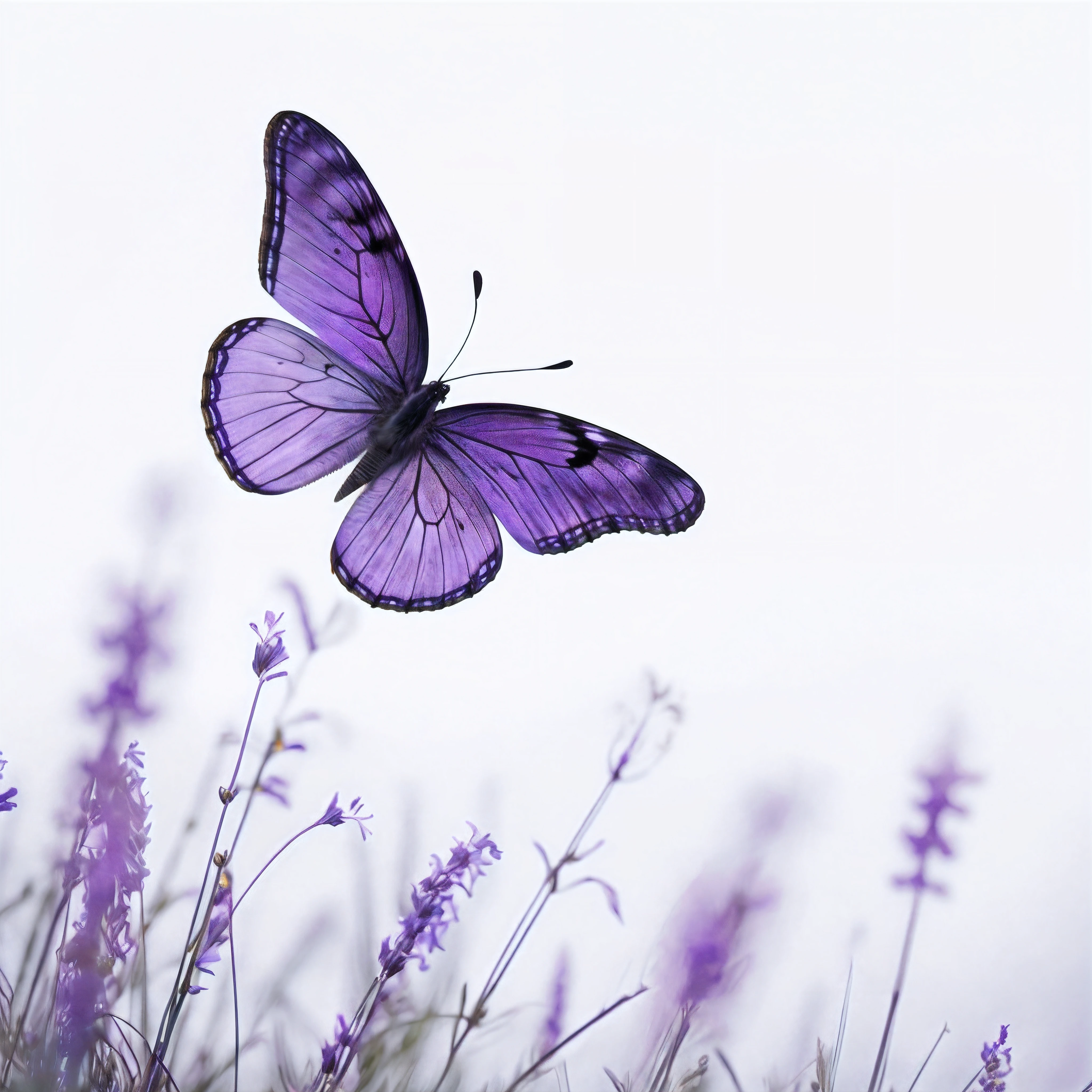 purple butterfly flying over lavender flowers in a field, butterfly, harmony of butterfly, flowers and butterflies, butterflies flying, beautiful photo, lavender, photo shot, with beautiful wings, photo of a mechanical butterfly, white and purple, translucent wings, butterflies, by Julian Allen, purple colors, beautiful background, purple color, butterfly wings, photo still, butterflies in the foreground