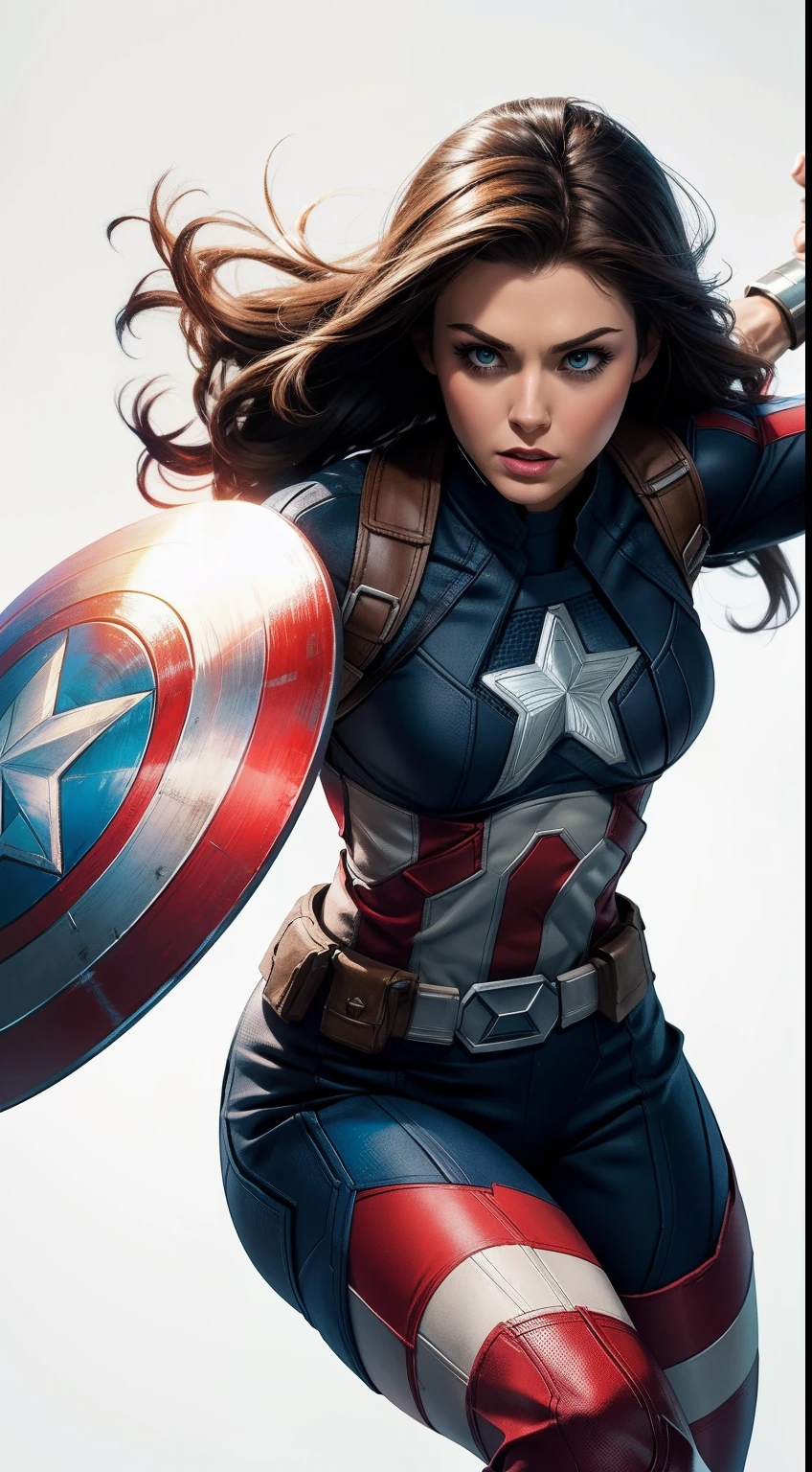 Woman dressed as Captain America from Marvel от Marvel Comics, fantasy setting, Dynamic poses, whitebackground, Character concept, character art, Character portrait, tmasterpiece, beste-Qualit, best resolution, 8K