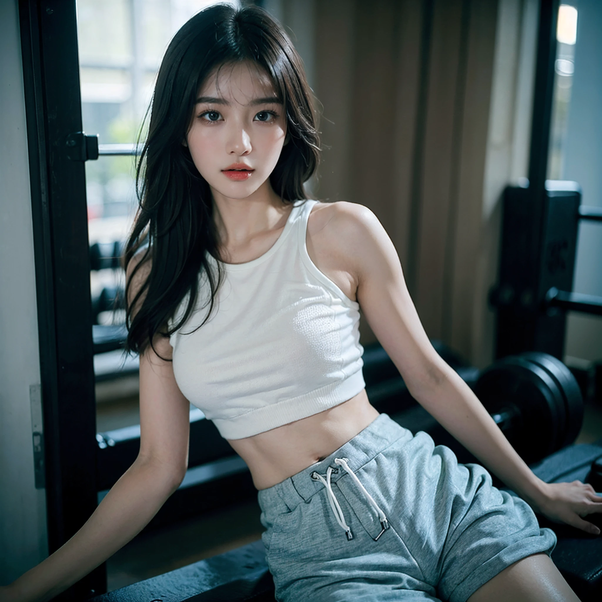 (Best quality, 8k, Masterpiece :1.3)), 1girl, Pretty woman with slender abs, (Long hair, Ultra-detailed face, Detailed eyes, Double eyelid, sport short pants, extremely short short pants, korean girl, soft lighting, depth of field, sexy pose, gym,
