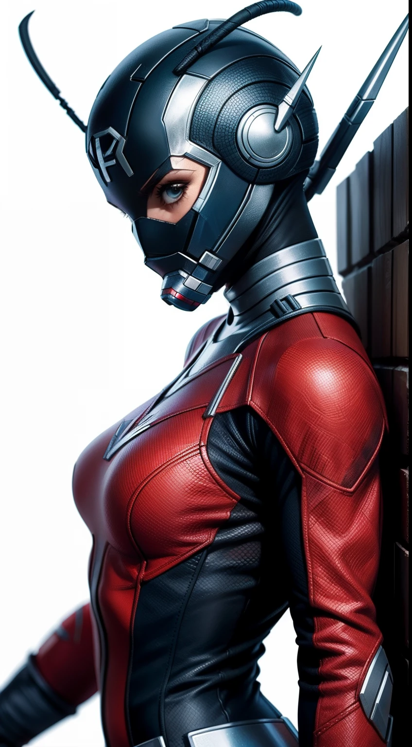 (A beautiful female ant-man:1.4), Red-glowing eyes, open mouth, Sharp Teeth, Mucus, Aesthetic physique, Fighting Stance,Artistic Photo, 8k, Looking at the camera, Light background, Pretty Face, Blue Skin,Large Breasts,Ant-Man costume with hollow chest。