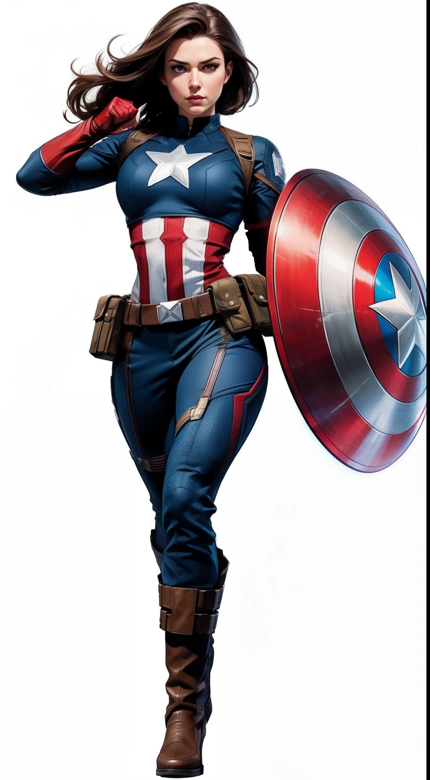 A woman in a Captain America costume from Marvel Comics, fantasy setting, Dynamic poses, whitebackground, Character concept, character art, Character portrait, tmasterpiece, beste-Qualit, best resolution, 8K
