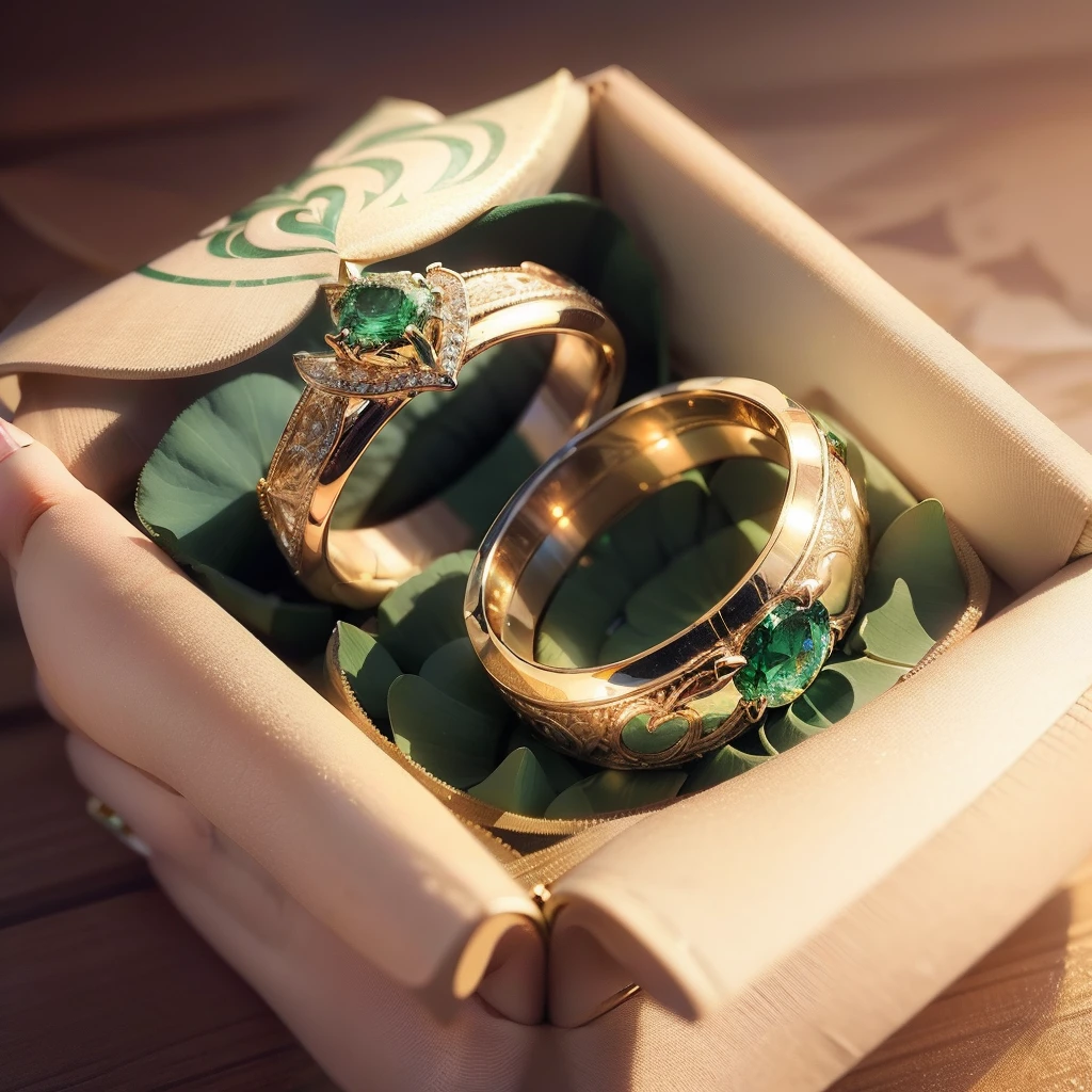 (((Wedding rings)))，Place in a box，Beautiful ring，The look of a lotus flower，Particularly creative,Yellow gold inlaid with jade，reasonable design