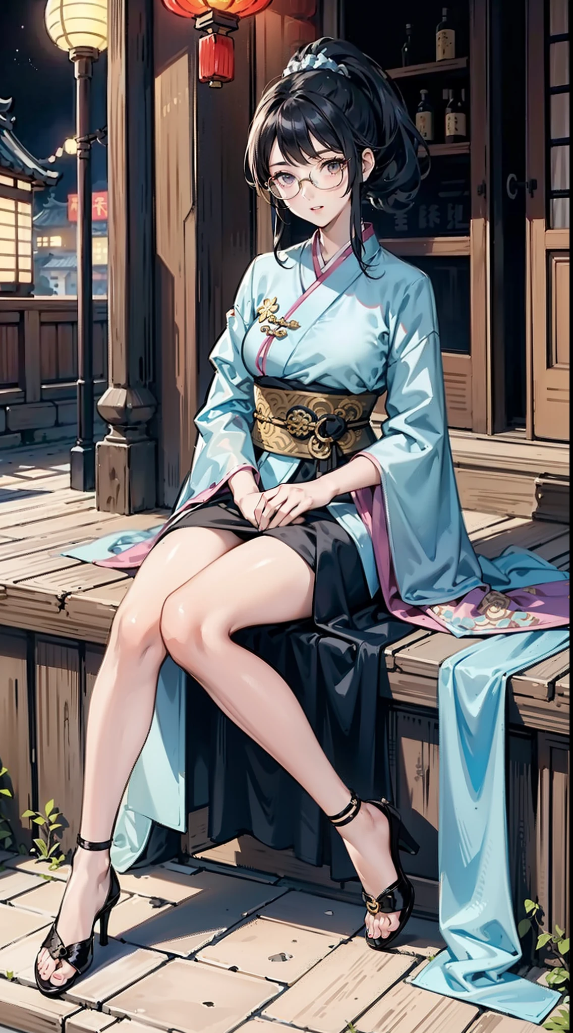 girl wearing spectacles,full bodyesbian,(Face details:1.2),tmasterpiece,Fashionab,Hanfu,Blue or white or yellow or pink ponytail or double ponytail or short or curly hair or long or curly hair,Doctor close-up, Has a glowing five-star rating, Their names, Photo, and the city in the background.,Large bust,rimless eyewears,Slim figure,Cute girl,Full body like,Hanfu,komono,Ancient Chinese streets,Dirty dark streets,high-heels,long leges,Sit on the steps or stand,Black or yellow or pink hanfu、Intricate pattern,Lots of details,tulle shawl,Fair skin,Pale skin