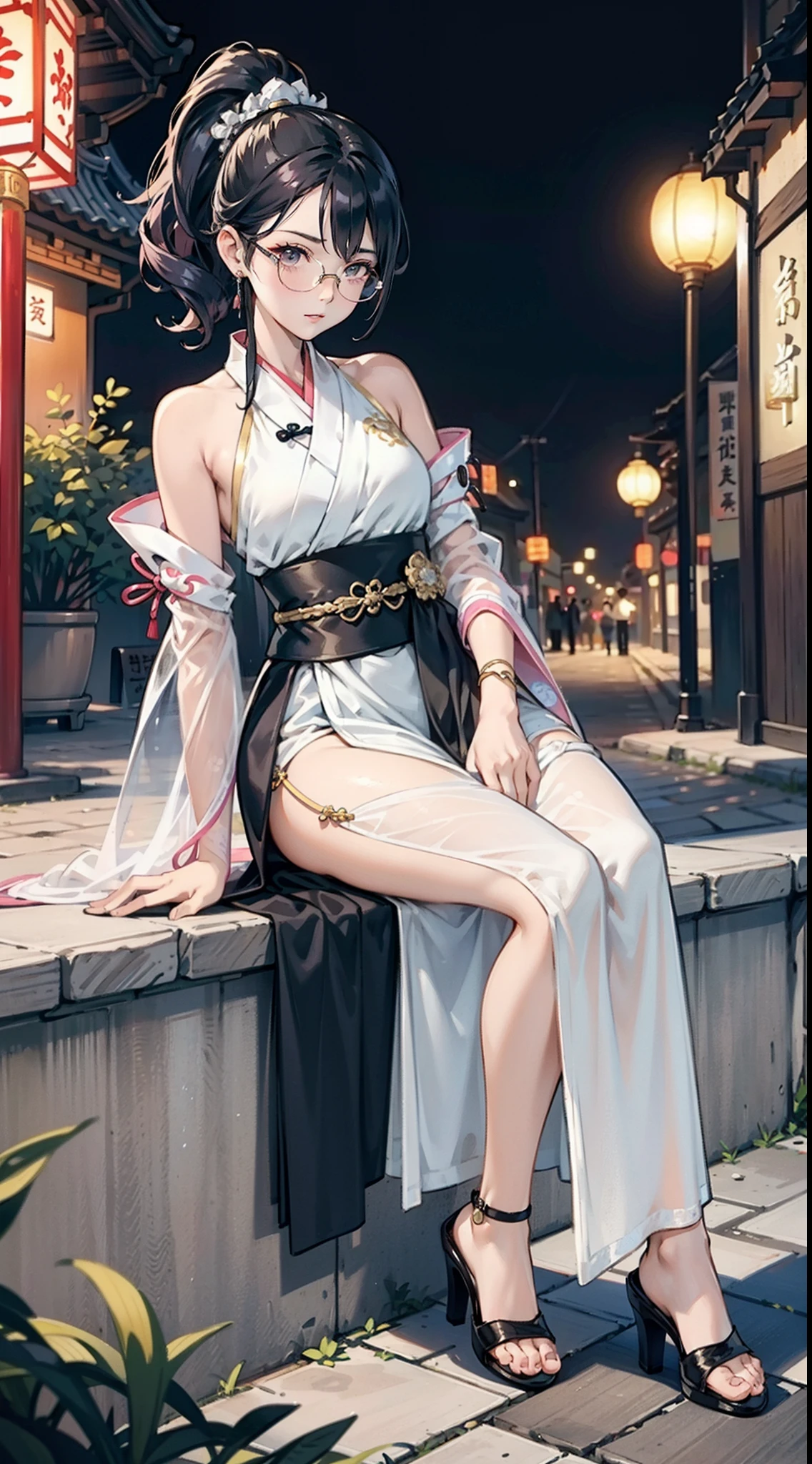 girl wearing spectacles,full bodyesbian,(Face details:1.2),tmasterpiece,Fashionab,Hanfu,Blue or white or yellow or pink ponytail or double ponytail or short or curly hair or long or curly hair,Doctor close-up, Has a glowing five-star rating, Their names, Photo, and the city in the background.,Large bust,rimless eyewears,Slim figure,Cute girl,Full body like,Hanfu,komono,Ancient Chinese streets,Dirty dark streets,high-heels,long leges,Sit on the steps or stand,Black or yellow or pink hanfu、Intricate pattern,Lots of details,tulle shawl,Fair skin,Pale skin