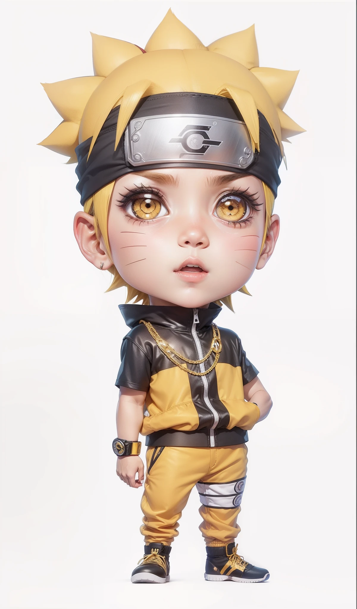 Naruto Chibi Street Wear, vestindo camiseta, correntes de ouro, relogio de ouro, brinco de ouro, tenis ari jordan