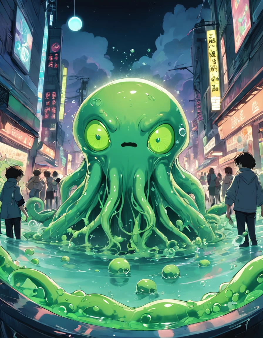 Green slime alien bubble with tentacles,invasion of green slime alien bubbles coming out of the bathroom,Background Story:banheiro pequeno,1WC,1janela,Piso quadriculado,mess,Jornais,(Green Slime Explosions),