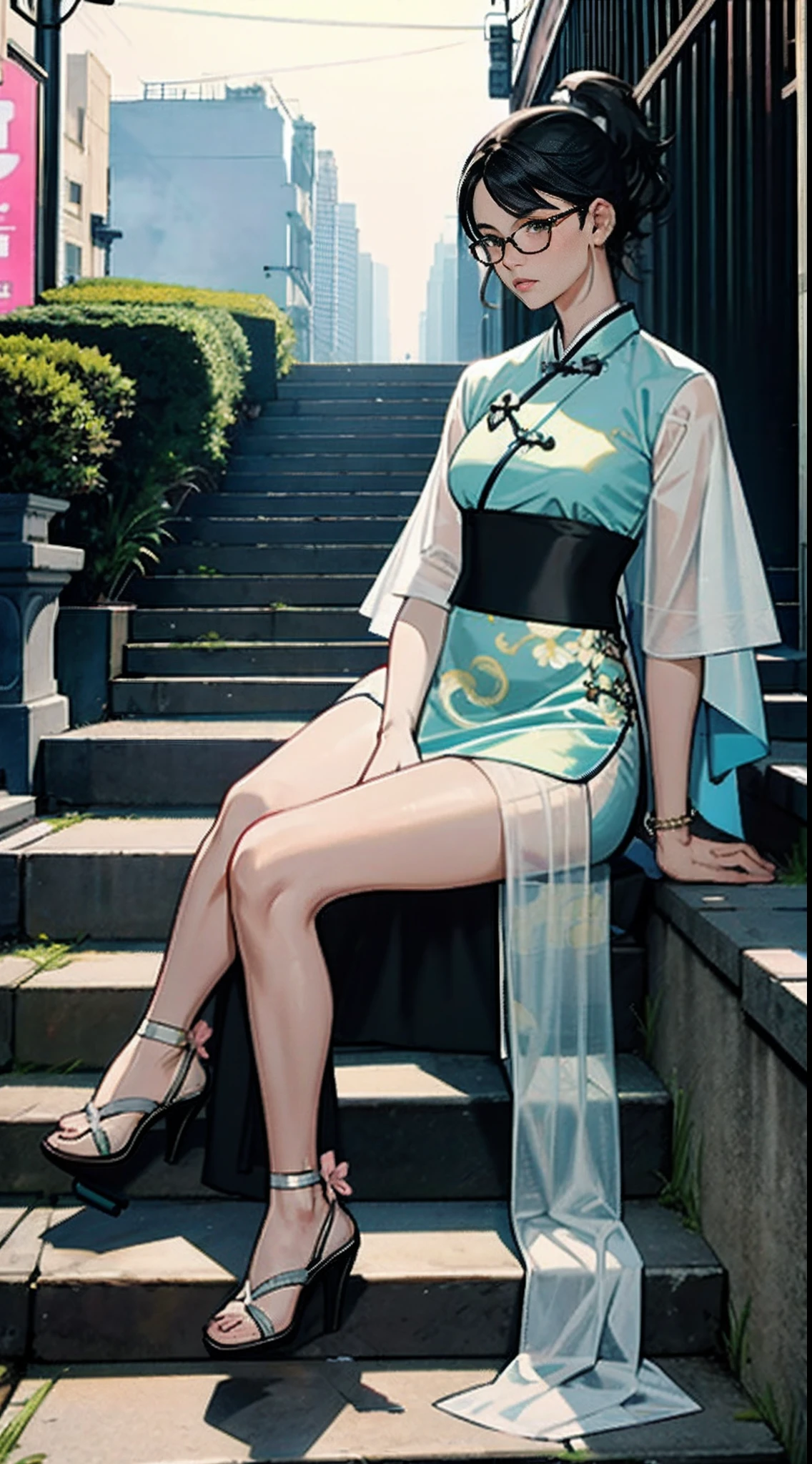 girl wearing spectacles,full bodyesbian,(Face details:1.2),tmasterpiece,Fashionab,Hanfu,Blue or white or yellow or pink ponytail or double ponytail or short or curly hair or long or curly hair,Doctor close-up, Has a glowing five-star rating, Their names, Photo, and the city in the background.,Large bust,rimless eyewears,Slim figure,Cute girl,Full body like,Hanfu,komono,Ancient Chinese streets,Dirty dark streets,high-heels,long leges,Sit on steps or stand,Black or yellow or pink hanfu、Intricate pattern,Lots of details,tulle shawl,Fair skin,Pale skin