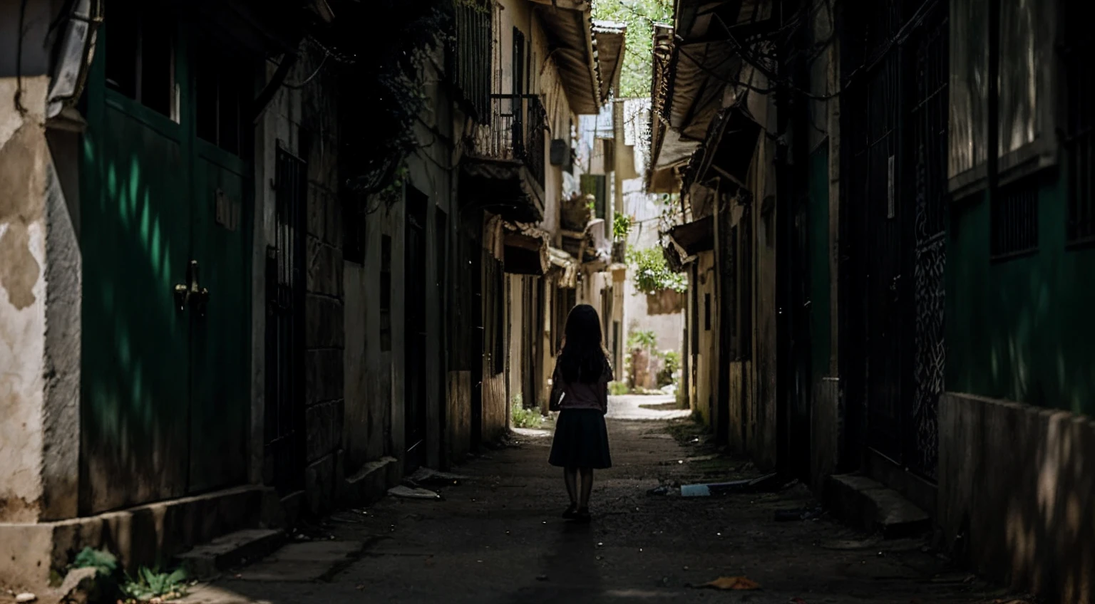 there is a girl CHILD with 10 years, cabelos claros e olhos grandes e vivos verdes, olhar perdido, it's on a shady street, and from afar she sees a shadow. and some one is following her