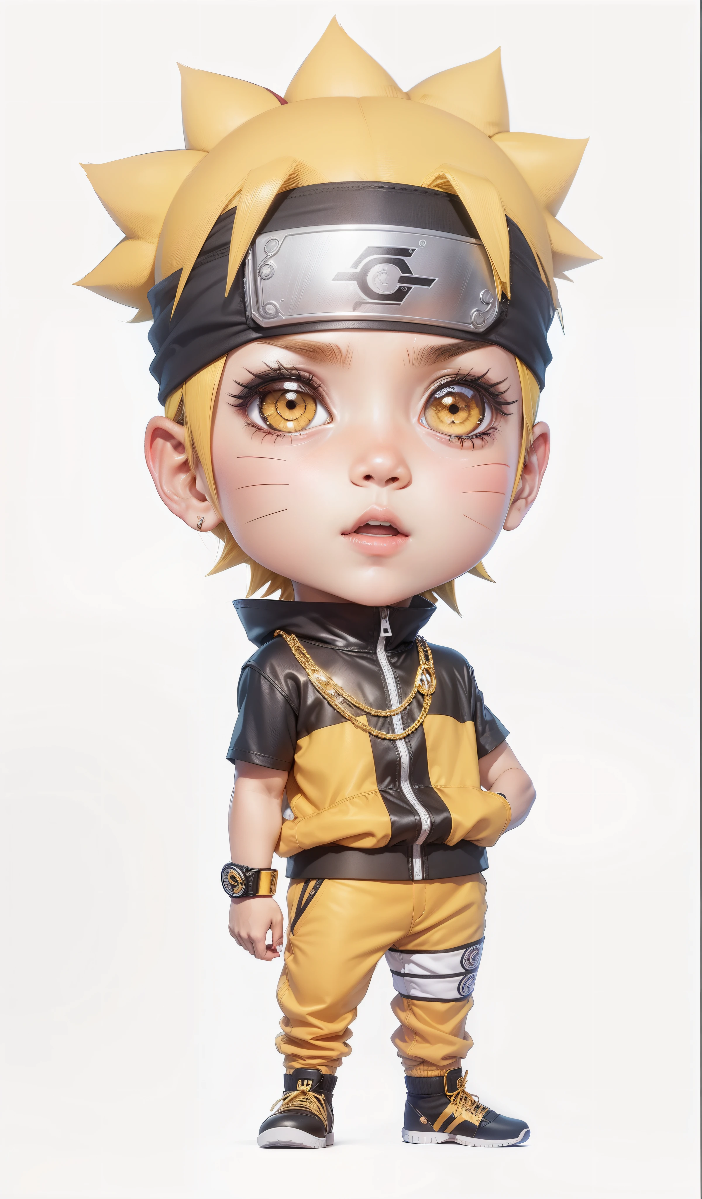 Naruto Chibi Street Wear, vestindo camiseta, correntes de ouro, relogio de ouro, brinco de ouro, tenis ari jordan