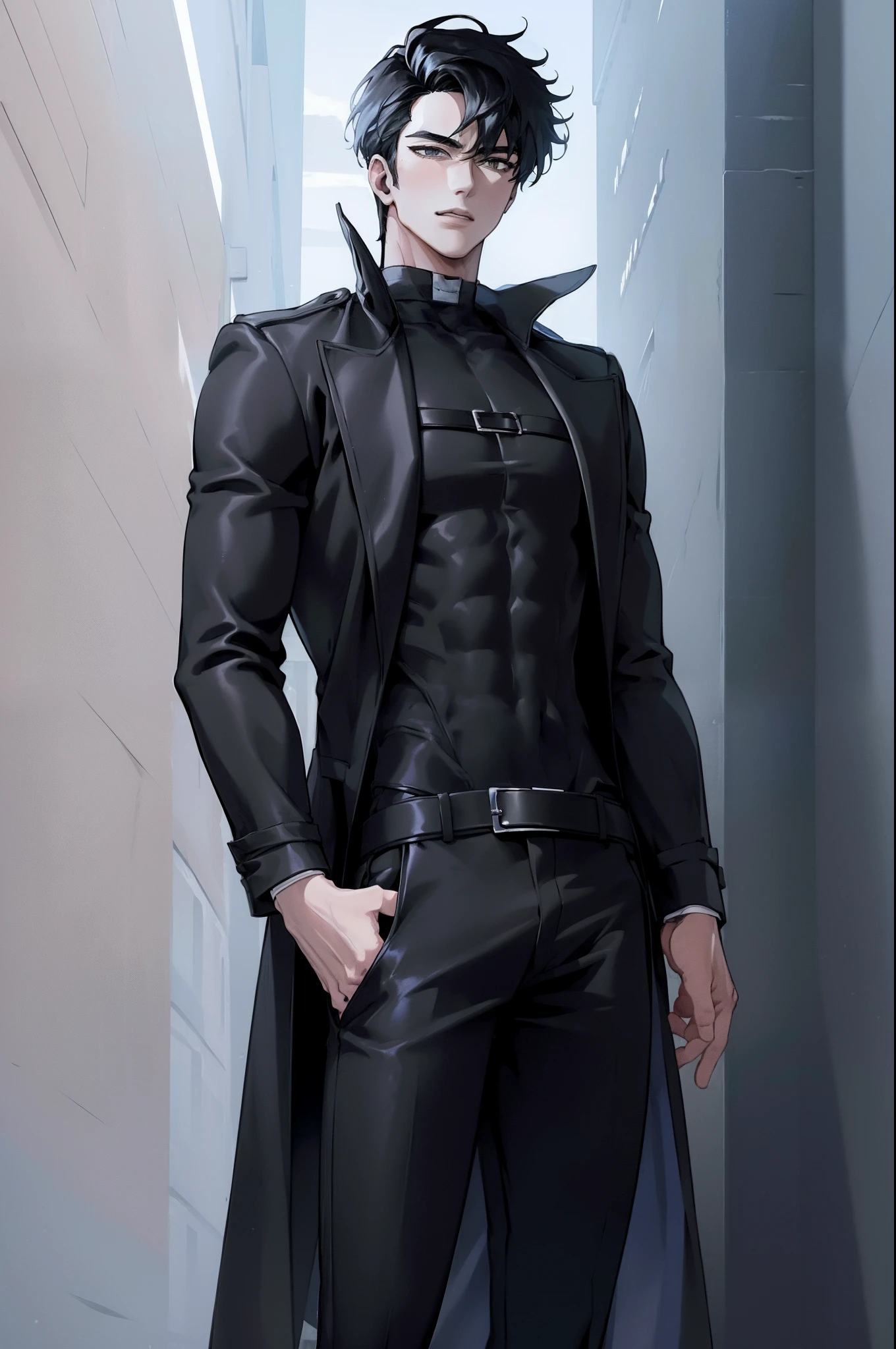 (Masterpiece:1.4), (Best Quality:1.2), Yu Jonghyuk, 1boy, male focus, black jacket, black undershirt, Black pants, upper-body
