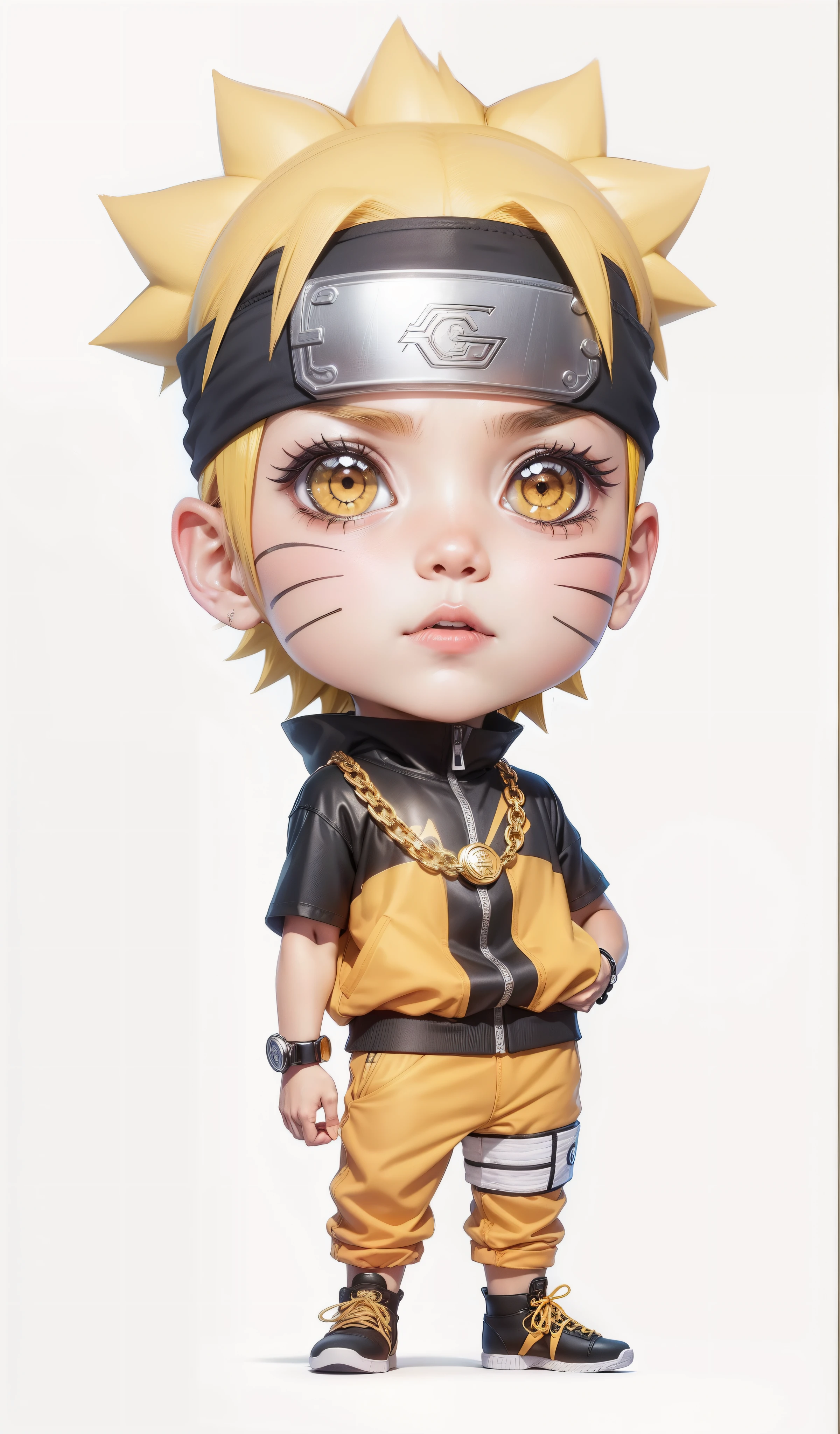 Naruto Chibi Street Wear, vestindo camiseta, correntes de ouro, relogio de ouro, brinco de ouro, tenis ari jordan