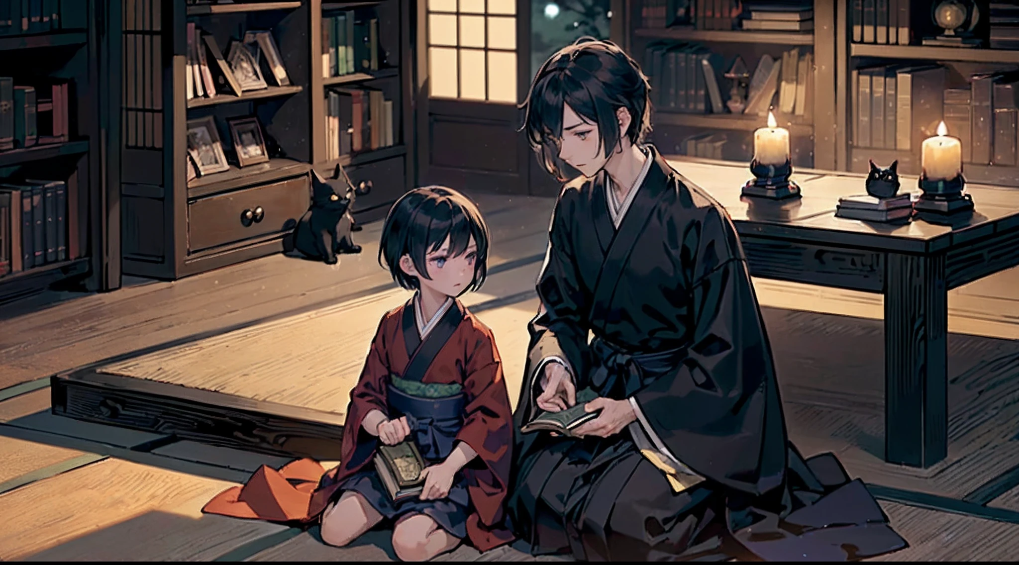(intricate-detail、ultra-detailliert:1.2),
#night sky (darkness of night,no light),
#one writing boy ( male、Honor Students、A dark-haired、short-hair、hakama,sit flat),
#black room at night (no light,black cat,wooden low table,one candle,pretty tatami,a lot of books,bookshelf)