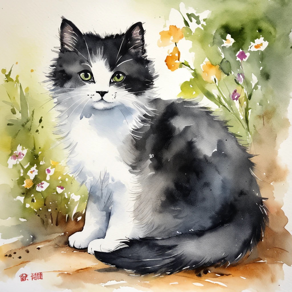 Black and white kitten、cute little、fluffy bristles、illustratio、watercolor paiting、picture book