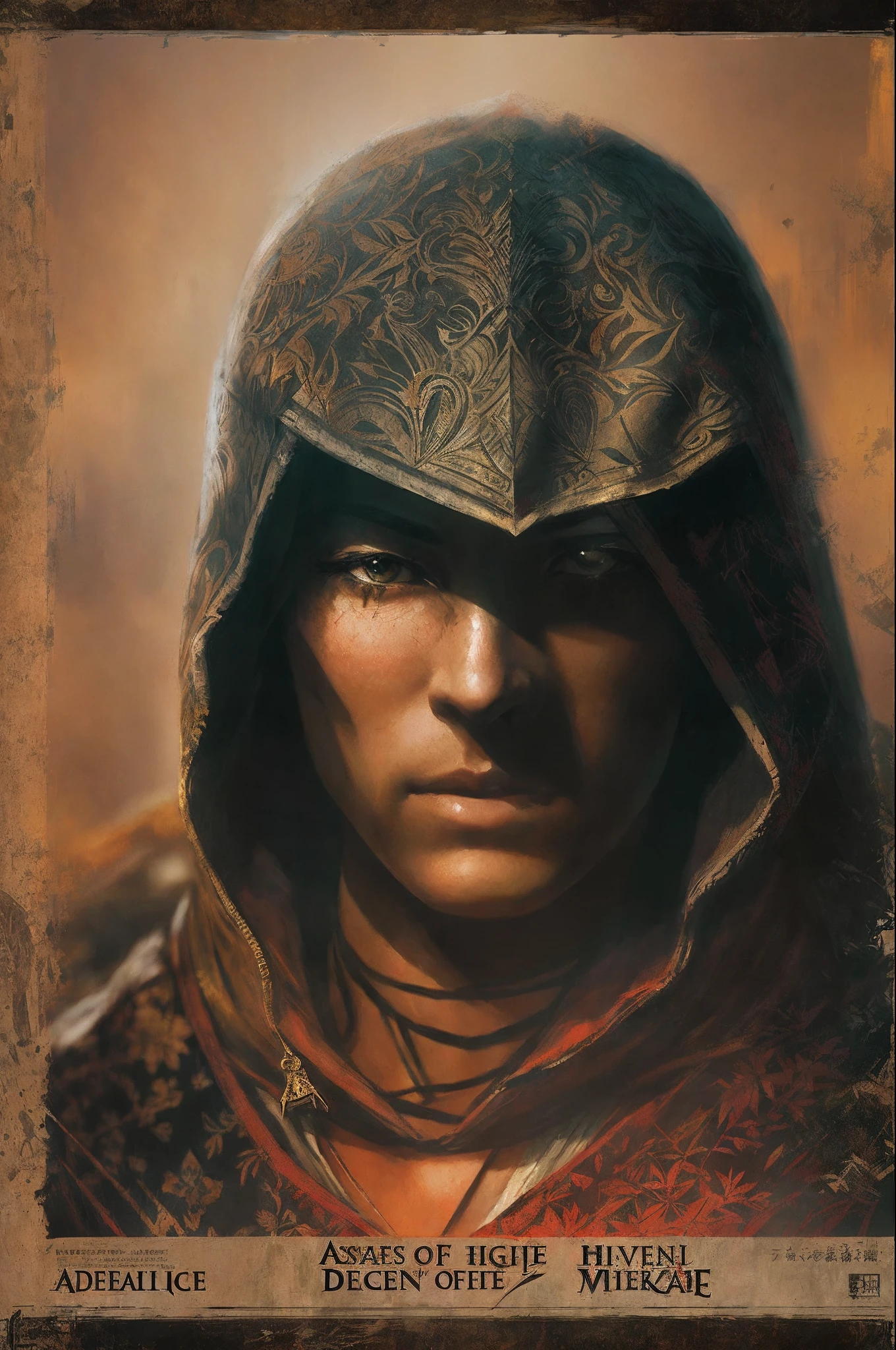 Assassin's Creed Mirage,VHS effect,(poster for:1.6),poster on wall,Nostalgia,filmposter,Western film(skin textures),intricately details,finely detailled,Hyper-detailing,Ray traching,sub surface scattering,diffused soft lighting,shallowdepthoffield,author:(Oliver Waite) CGSociety trends,复杂,high detal,Sharp focus,dramatics,The art of realist painting by Greg Rutkowski