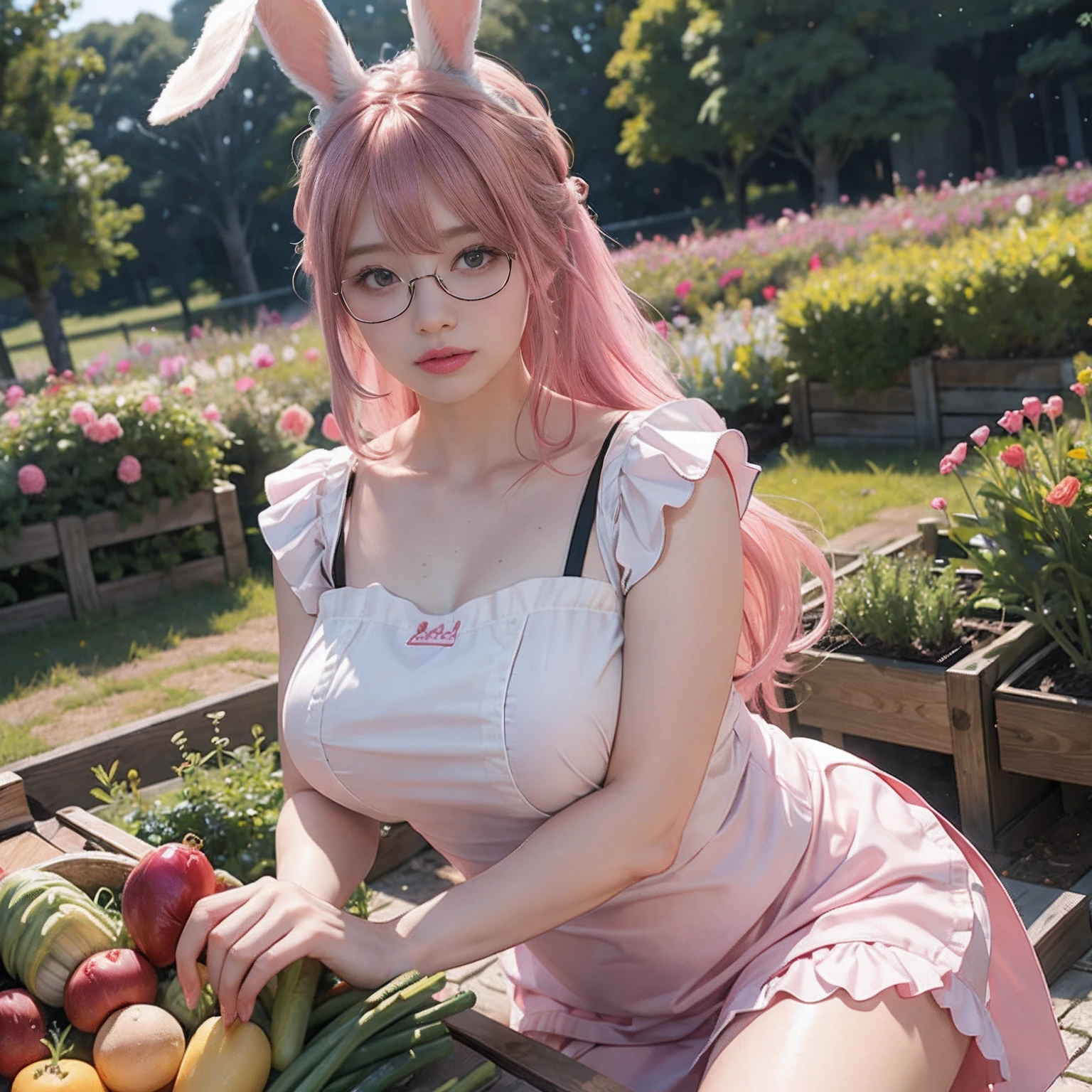 Women in Their 20s, Fantasia、offcial art, unity 8k wall paper, ultra-detailliert, beautifly、Aesthetic, masterpiece, top-quality, Photorealsitic、Rabbit eared clan、A pink-haired、Rabbit ears、Horan Drop、Lop Ear、Lop-eared rabbit:2.0、Flabby ears、Rimless glasses、Bunching hair、frilld、Apron Dresses、Red ribbon at chest、depth of fields, Fantastic atmosphere, Calm palette, tranquil mood, Soft shading、Beautiful Landscapes、bbw、very large breast、plump figure、vegetable garden、Harvesting vegetables、Name tag on left chest、Rabbit herd