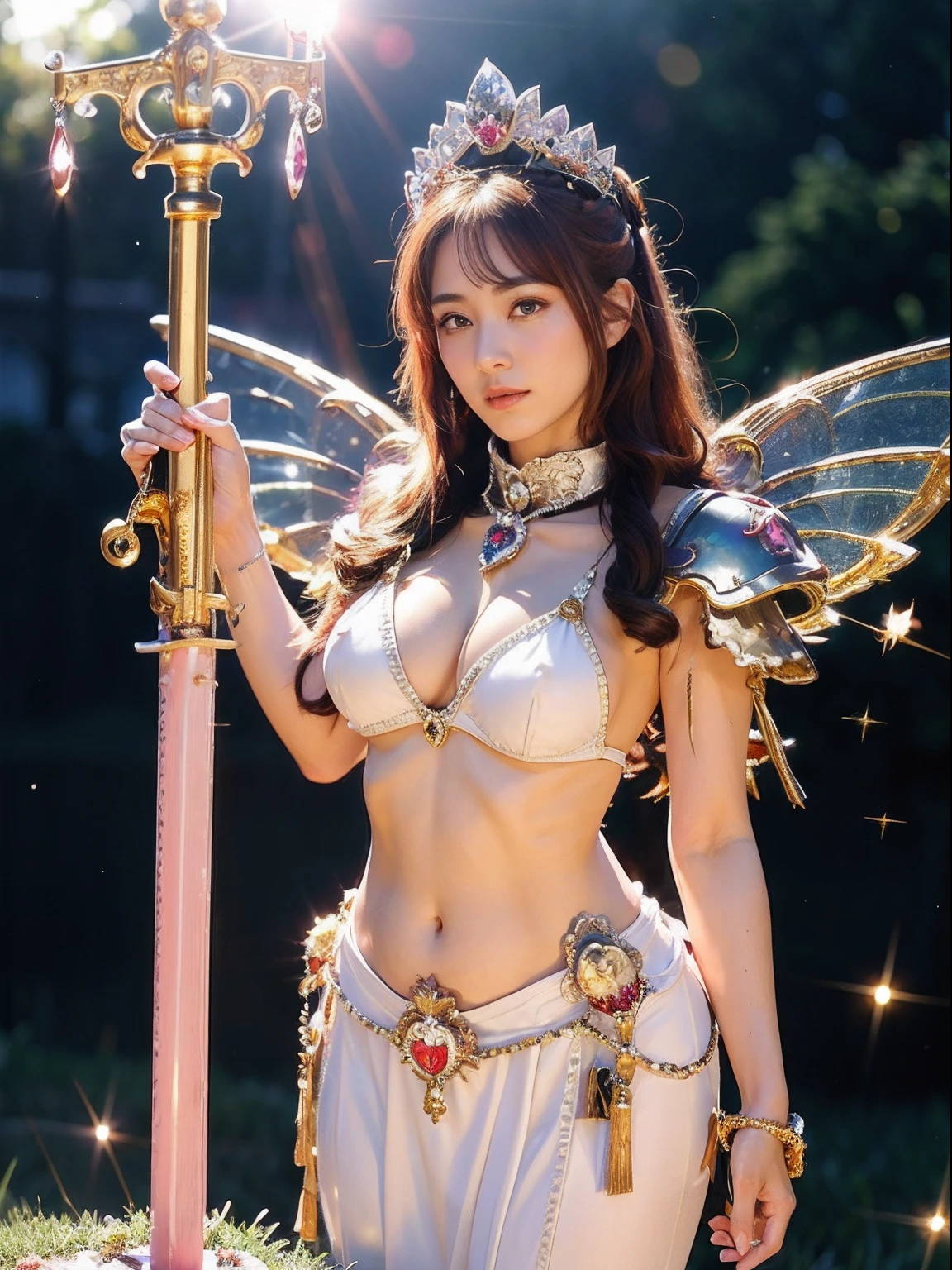 (A smile), Professional , ​masterpiece、top-quality、photos realistic , depth of fields （Gemstone White Metal Body:1.９),(Matte White Pink、Jewel Gold Weapon、（Gorgeous castle background）、（ultimate beauty girl）、（Rainbow fairy wings grow）、Particles of light、（Metal body of iridescent gemstones:1.９),Gorgeous Jewel Metal Weapons ,（maikurobikini）、 Detailed Sword of the Brave ,（ Pink hair）   ,warhammer 40k , adepta sororitas,Detail and ornate jewel crown、独奏、Brown hair、Mystical expression、cleavage of the breast、（Gangle's forest background）、Beautiful Caucasian beauty、１a person、dynamic ungle,(((Diamond tiara with detail and luxury)))、a small face、Powerful poses、（Gorgeous castle background）、huge filesize、20 year old beautiful woman、Stand in the center of the screen、Thin female fingers、Straight long hair、Beautiful Caucasian beauty、（maikurobikini）、Hair fluttering in the wind、Look at viewers、（Armpit）、Toostock、