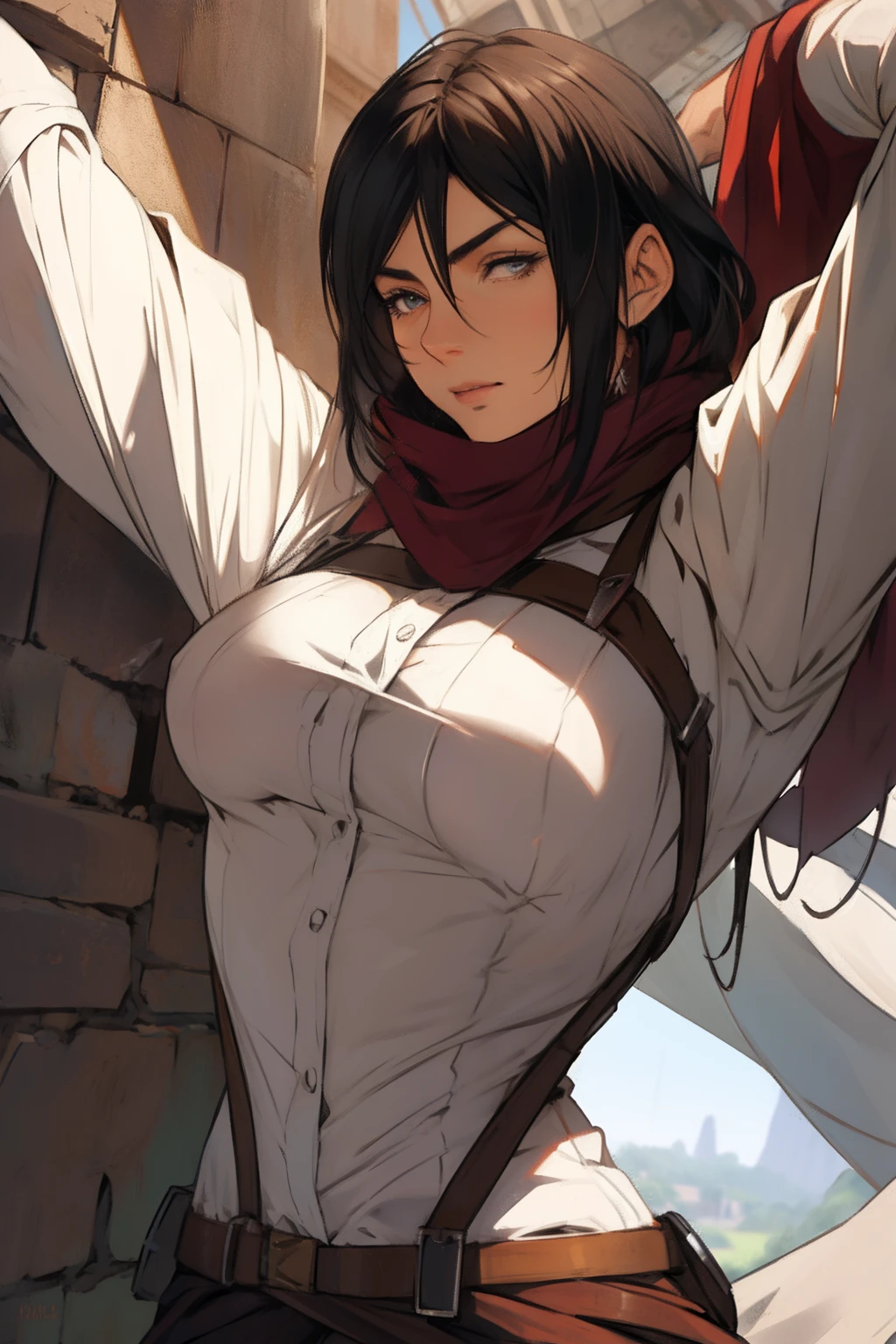 Mikasa: Beautiful and tall woman, super realistic and well detailed