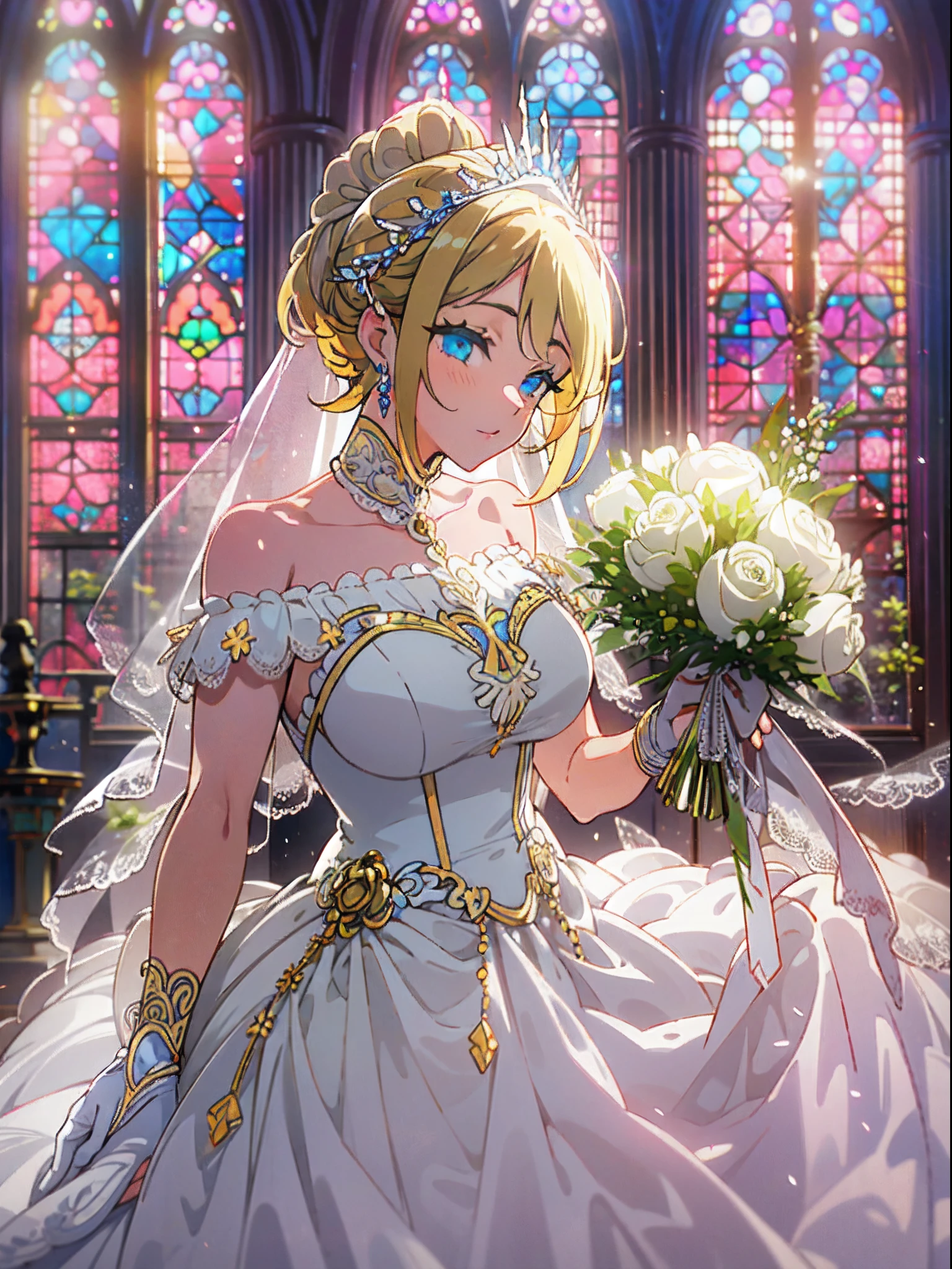 1woman, solo, Someday My Prince Will Come, church, holding a bouquet, wedding dress, yearning, Stained glass, in front of the altar, turn around, blonde hair, blue eyes, short bob, tiara, gold earrings, Impressionism, Dutch Golden Age painting, cinematic lighting, ray tracing, lens flare, from behind, 8k, highres, best quality, high quality, UHD, masterpiece, ccurate, anatomically correct(((Huge Puffy wedding dress))) ,((white Puffy hand glove)), ((long silky Ponytail)), (Best Quality), (Lace), close eyes