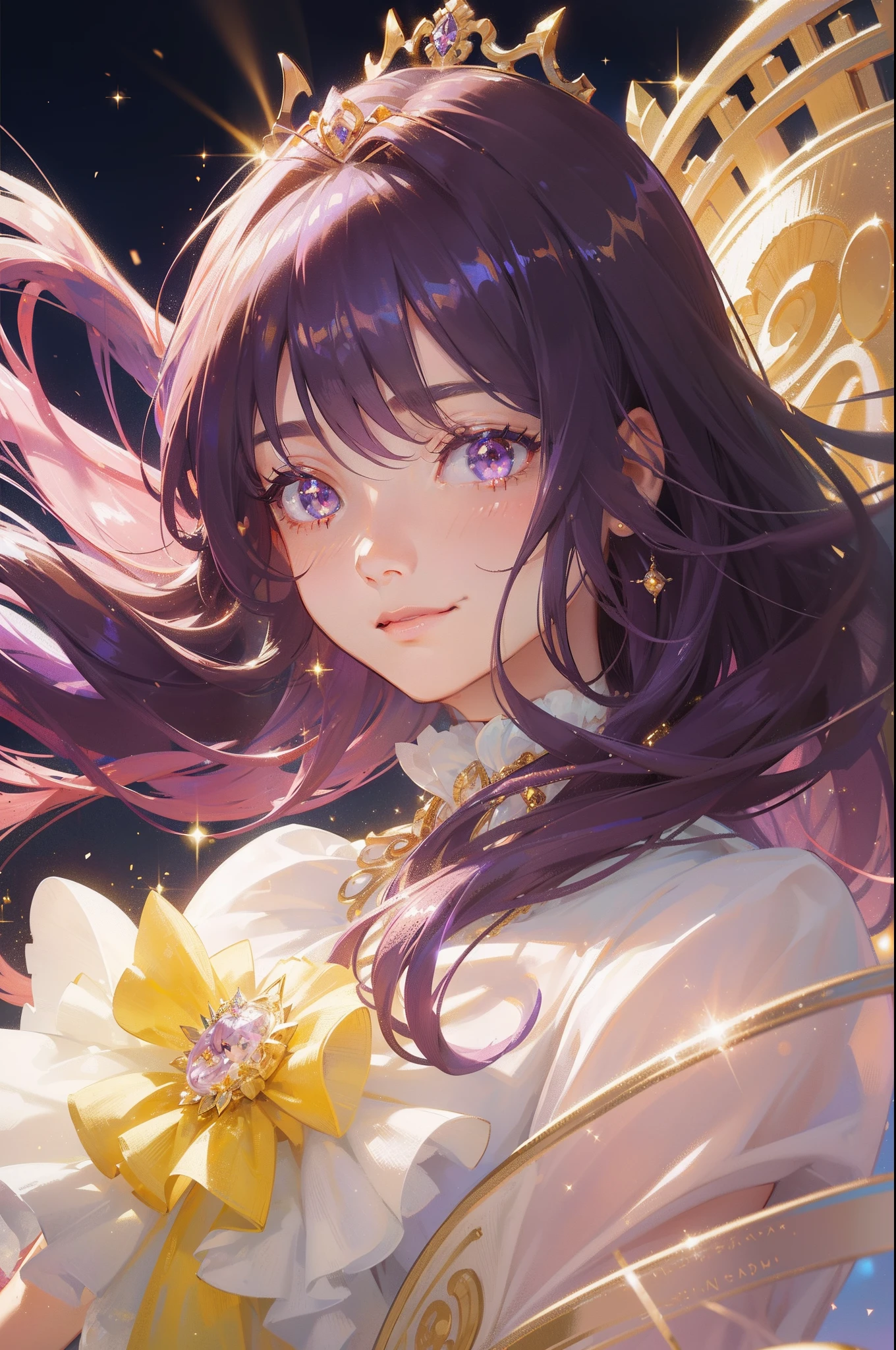 masterpiece, best quality, beautiful detailed hair detailed face, perfect feminine face, big almond-shape eyes, smile, happy, a beautiful and cute girl with sparkling and glowing purple hair, jewelry, golden ornament, frills, lace, (tiara:1.2), (close-up potrait:1.2), floating hair by wind, (sparkle particle), lens flare, sharp focus, volumetric lighting