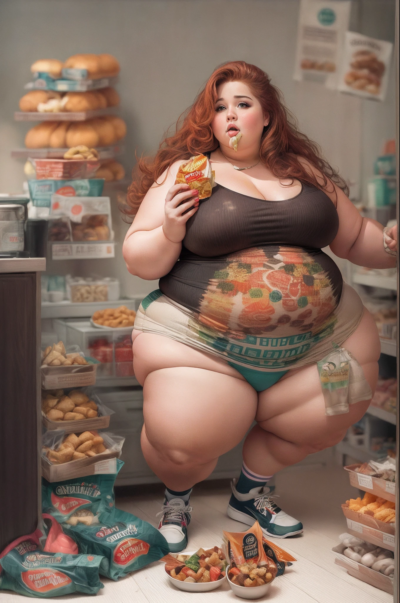 Fat woman, saggy big boobs, saggy belly, eating junk food,tight dress, large ass, 1girl, fat shoulders, auburn long hair, masterpiece, best quality, shoes, full body, posing for a picture, beautifully color-coded, socks, scrunchbutt leggings white background, studio, looking away, covered by hood