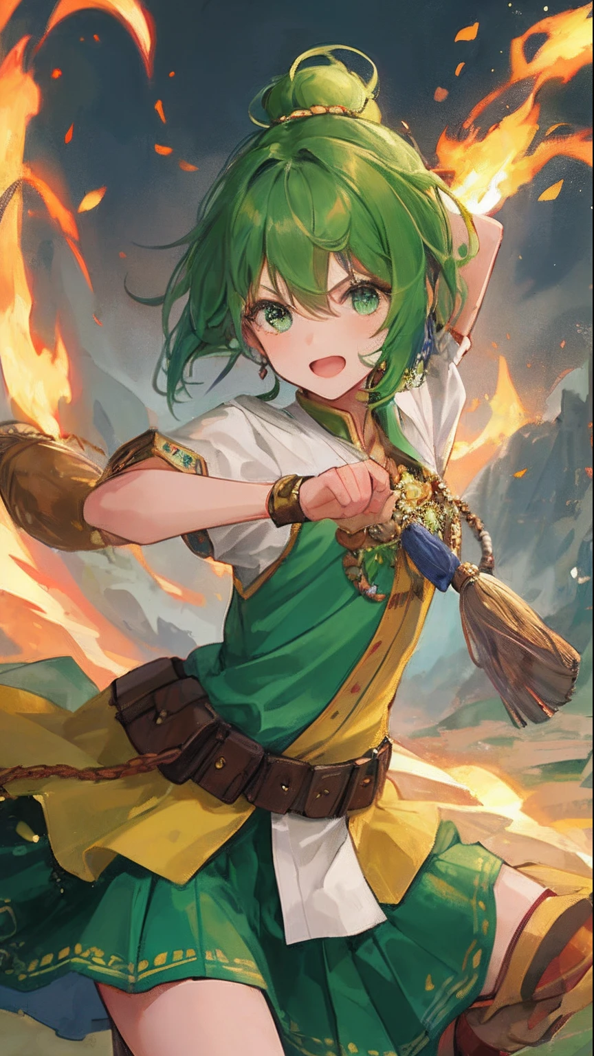 girl, green tuft hair, hindu, indian costumes, action pose, war, fantasy background, magic power, tomboy