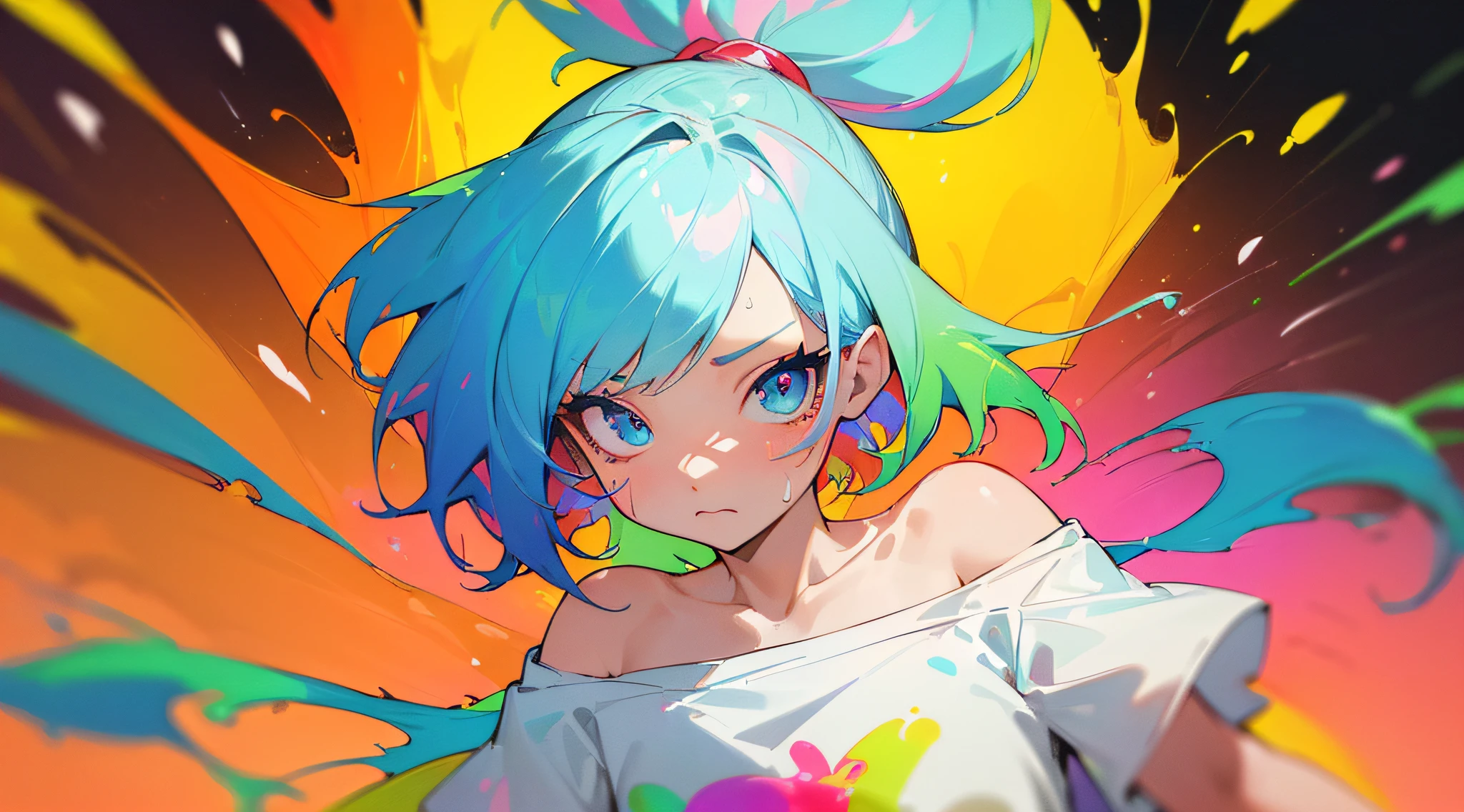 (Colorful hair: 1.8), (all the colours of the rainbow: 1.8),(((((Vertical Painting：1.6))), （Painting：1.6），front, comics, Illustrations, Painterly, Large eyes, Crystal clear eyes,（ rainbow color gradient high ponytail：1.7）, Exquisite makeup, Closed mouth,(Small fresh: 1.5),(Wipe Chest: 1.6) ，long eyelashes, white off shoulder T-shirt,  White shoulder shirt，gaze at the audience, Large watery eyes, (rainbow-colored hair：1.6), Color splash, （Solo：1.8）, Color splash, Color explosion, Thick paint style, Messy lines, ((Shining))，(Colorful), (Colorful), (Colorful), Colorful, Thick paint style, (Splash) (Color splash), Vertical Painting, Upper body, Paint splashes, Acrylic Pigment, gradient, paint, Highest image quality, Highest Quality, masutepiece, Solo, depth of fields, Face Paint,  colourful clothes, (Elegant: 1.2), Gorgeous,Long hair, Wind, (Elegant: 1.3), (flower petals: 1.4)，(((masutepiece))),(((Best Quality))),((Ultra-detailed)),(Illustration),(Dynamic Angle),((floating)),(paint),((disheveled hair)),(Solo),(1girl in) , (((Detailed anima face))),((beautifull detailed face)),Collar,Bare shoulders,White hair, ((Colorful hair)),((striated hair)),Beautiful detailed eyes,(Gradient color eyes),(((Colorful eyes))),(((Colorful background))),(((High color saturation))),(((Surrounded by colorful splashes))),