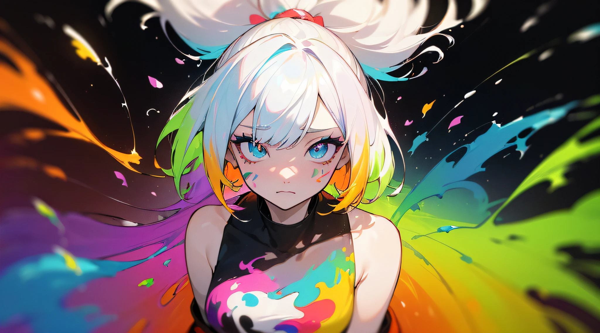 (Colorful hair: 1.8), (all the colours of the rainbow: 1.8),(((((Vertical Painting：1.6))), （Painting：1.6），front, comics, Illustrations, Painterly, Large eyes, Crystal clear eyes,（ rainbow color gradient high ponytail：1.7）, Exquisite makeup, Closed mouth,(Small fresh: 1.5),(Wipe Chest: 1.6) ，long eyelashes, white off shoulder T-shirt,  White shoulder shirt，gaze at the audience, Large watery eyes, (rainbow-colored hair：1.6), Color splash, （Solo：1.8）, Color splash, Color explosion, Thick paint style, Messy lines, ((Shining))，(Colorful), (Colorful), (Colorful), Colorful, Thick paint style, (Splash) (Color splash), Vertical Painting, Upper body, Paint splashes, Acrylic Pigment, gradient, paint, Highest image quality, Highest Quality, masutepiece, Solo, depth of fields, Face Paint,  colourful clothes, (Elegant: 1.2), Gorgeous,Long hair, Wind, (Elegant: 1.3), (flower petals: 1.4)，(((masutepiece))),(((Best Quality))),((Ultra-detailed)),(Illustration),(Dynamic Angle),((floating)),(paint),((disheveled hair)),(Solo),(1girl in) , (((Detailed anima face))),((beautifull detailed face)),Collar,Bare shoulders,White hair, ((Colorful hair)),((striated hair)),Beautiful detailed eyes,(Gradient color eyes),(((Colorful eyes))),(((Colorful background))),(((High color saturation))),(((Surrounded by colorful splashes))),