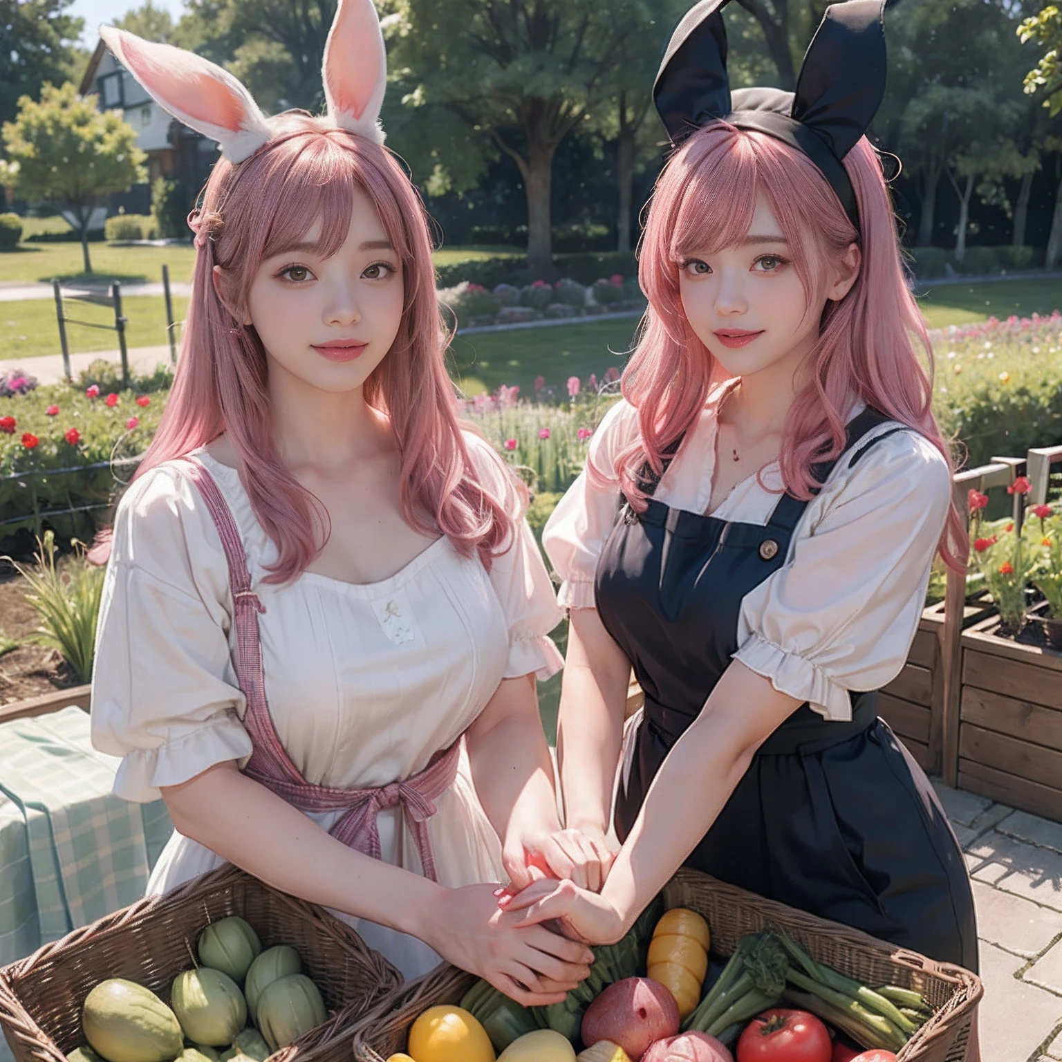 Two women in their 20s, Fantasia、offcial art, unity 8k wall paper, ultra-detailliert, beautifly、Aesthetic, masterpiece, top-quality, Photorealsitic、Rabbit eared clan、A pink-haired、Rabbit ears、Horan Drop、Lop Ear、Lop-eared rabbit:2.0、Flabby ears、Rimless glasses、Bunching hair、frilld、Apron Dresses、Red ribbon at chest、depth of fields, Fantastic atmosphere, Calm palette, tranquil mood, Soft shading、Beautiful Landscapes、bbw、very large breast、plump figure、Harvesting vegetables、Name tag on left chest、Rabbit herd、Happy smile、A smile with a small leaf、Large vegetable garden
